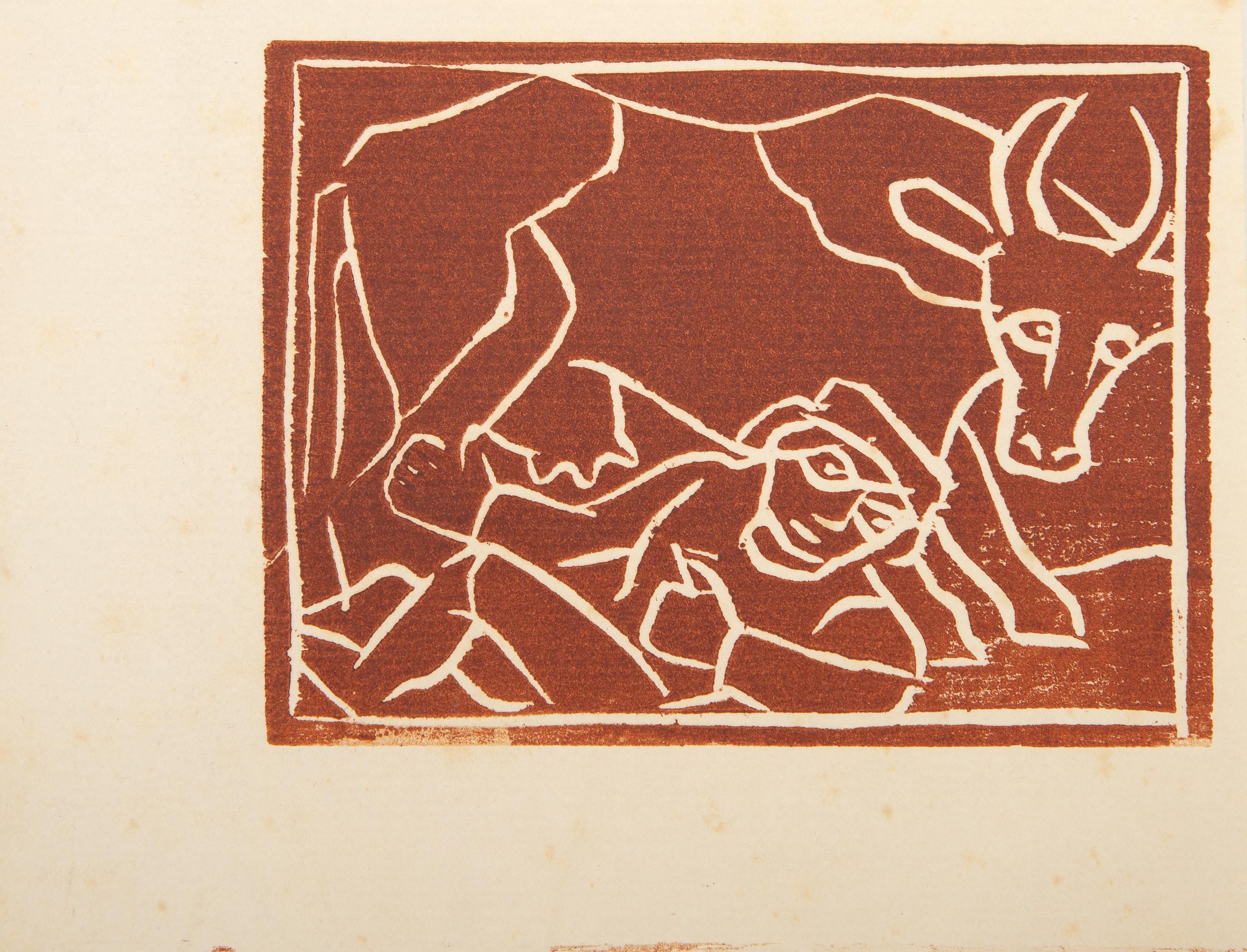 Homme à la vache, gravure sur bois d'art populaire d'Andre Derain - Marron Animal Print par André Derain
