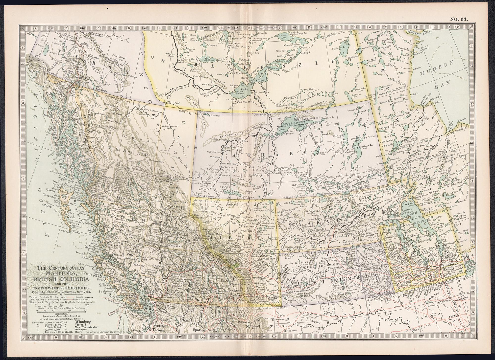 Manitoba, British Columbia e Territori del Nord Ovest, Canada. Mappa antica Century Atlas - Print di Unknown