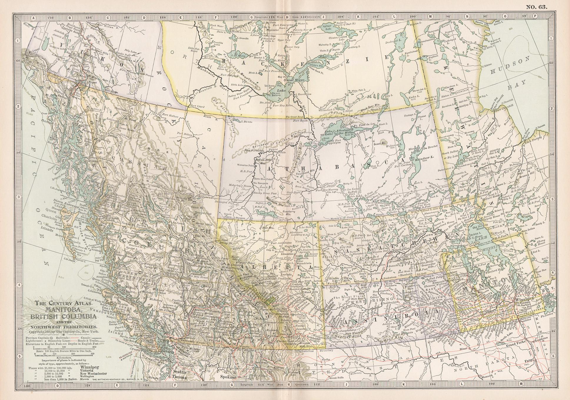 Print di Unknown - Manitoba, British Columbia e Territori del Nord Ovest, Canada. Mappa antica Century Atlas