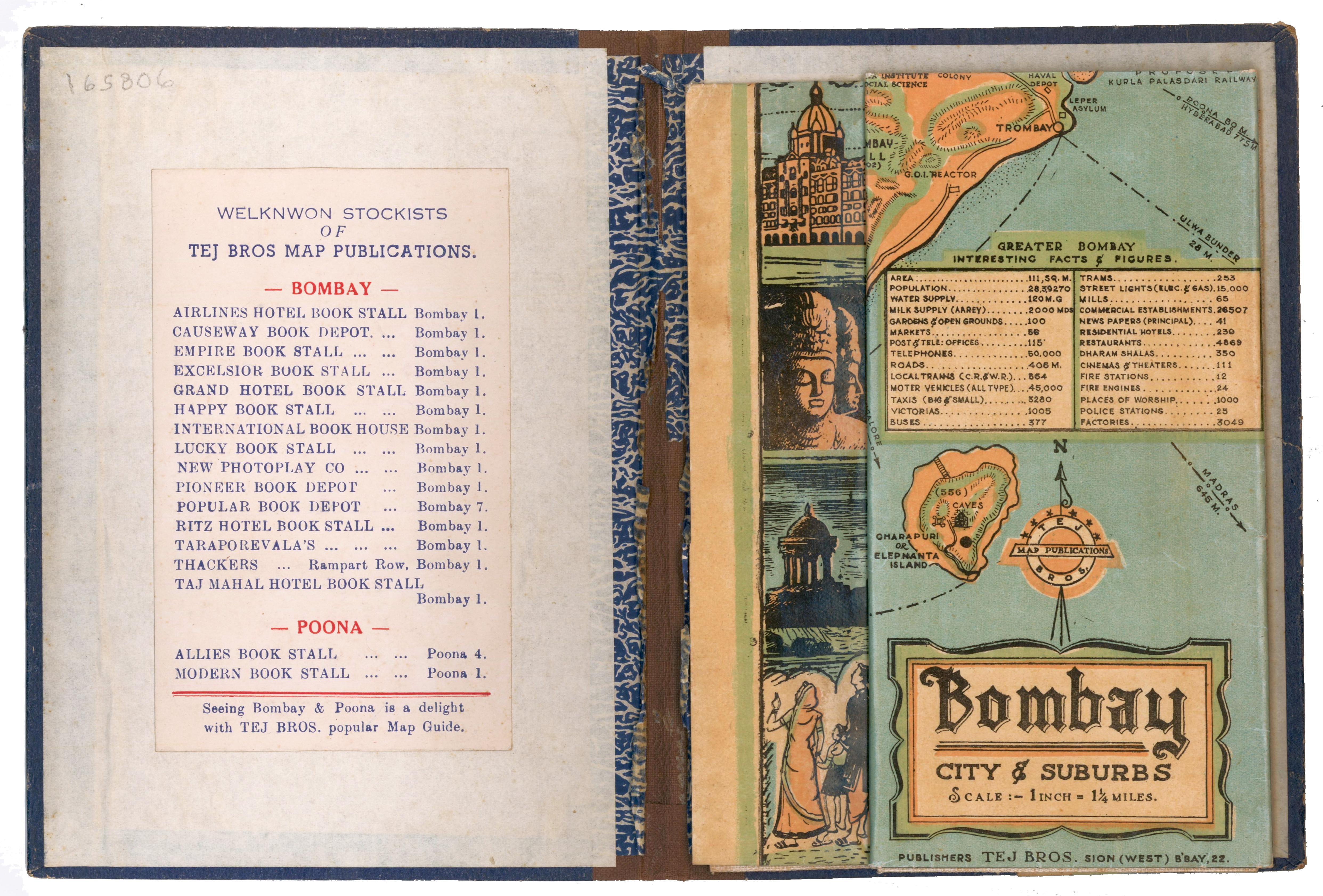 Tej Brothers. 
Bombay City & Suburbs in Maps & Pictures. 
Bomby, circa 1950. 
Color printed map backed with linen. Folds into hard cover. 
Binding size: 6 x 8 in.