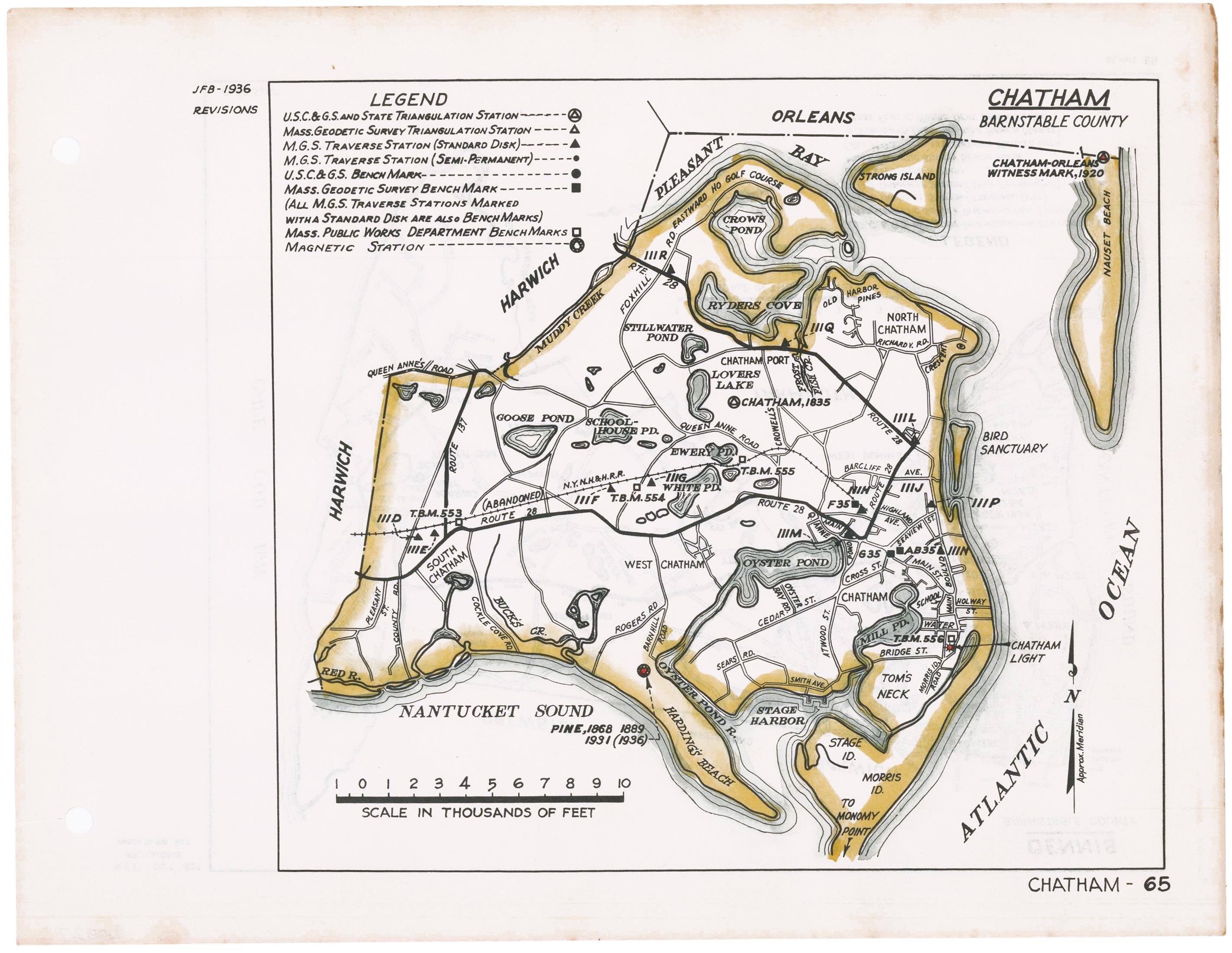 Original-Karte von Chatham, Cape Cod, mit neuer Handkolorierung, 1938. Leichte Bräunung an den Rändern; hat Original-Lochung am linken Rand.  Aus 