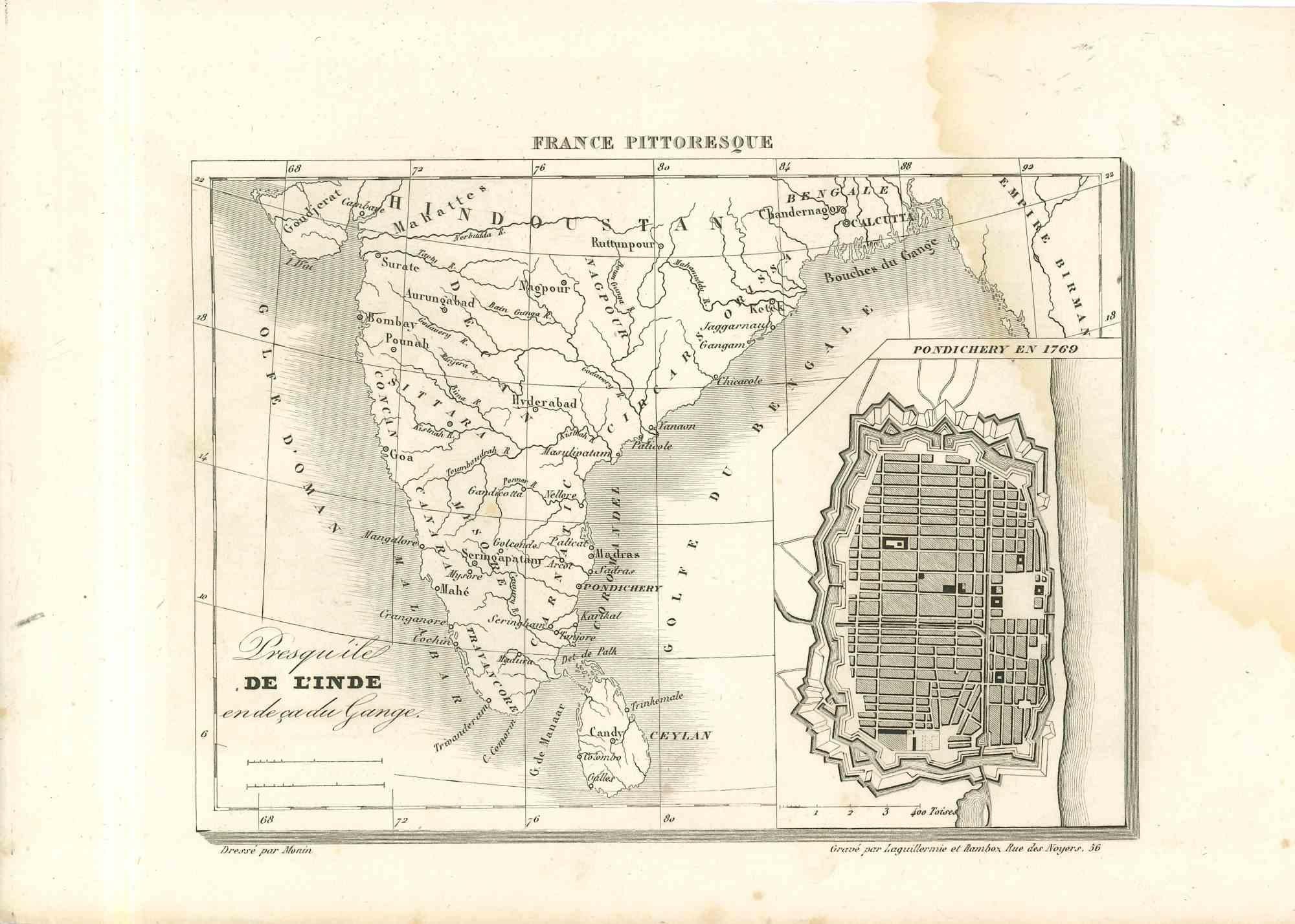 Carte de l'Inde - Lithographie originale - 19ème siècle