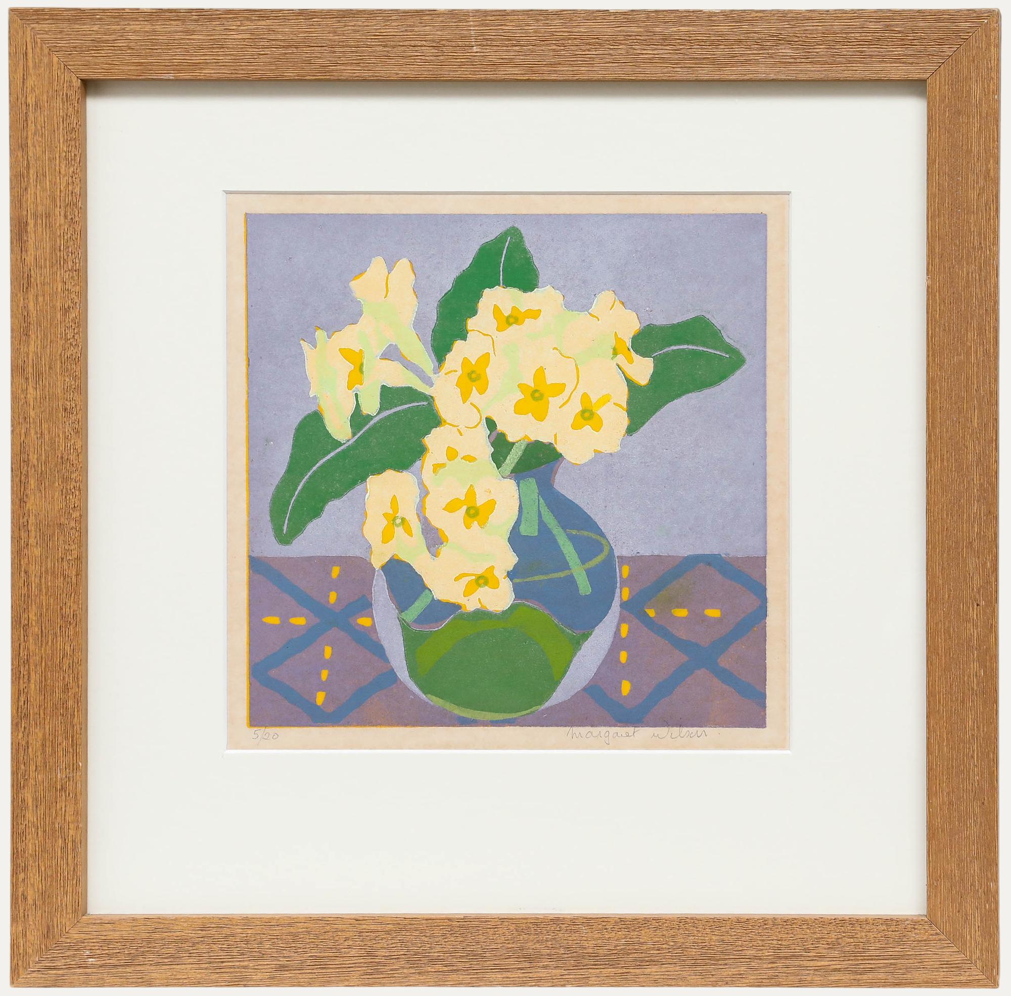 Unknown Still-Life Print - Margaret Wilson - Contemporary Linoprint, Primroses