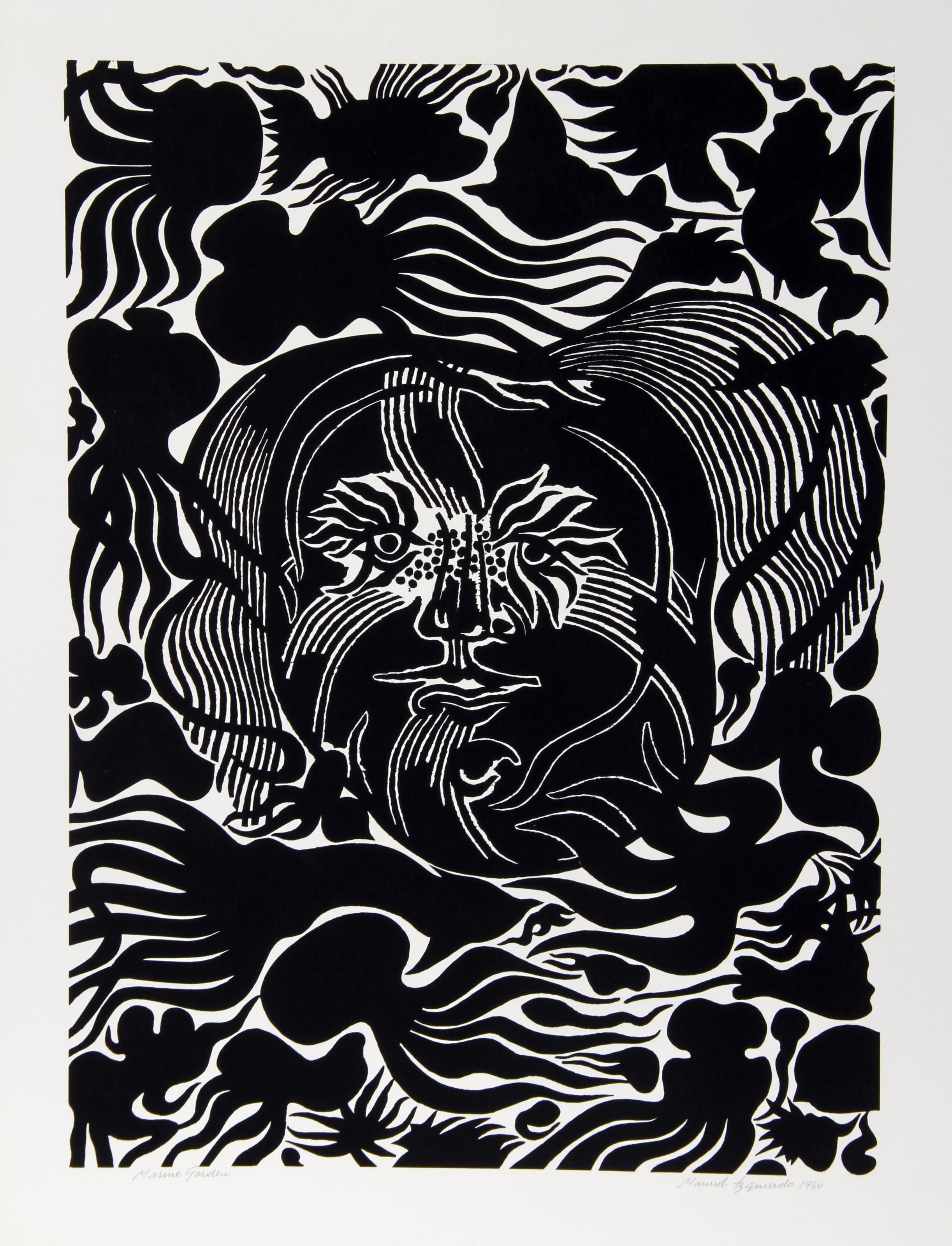 Marine Garden (Black), Surrealist Woodcut by Manuel Izqueirdo