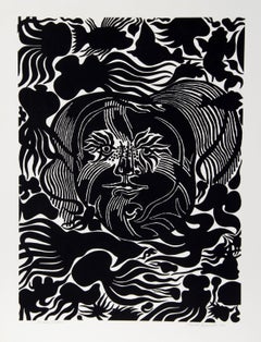 Marine Garden (Schwarz), Surrealistischer Holzschnitt von Manuel Izqueirdo