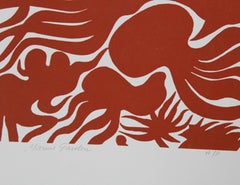 Jardín marino (rojo), xilografía surrealista de Manuel Izqueirdo