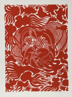 Marin Garden (Rot), Surrealistischer Holzschnitt von Manuel Izqueirdo
