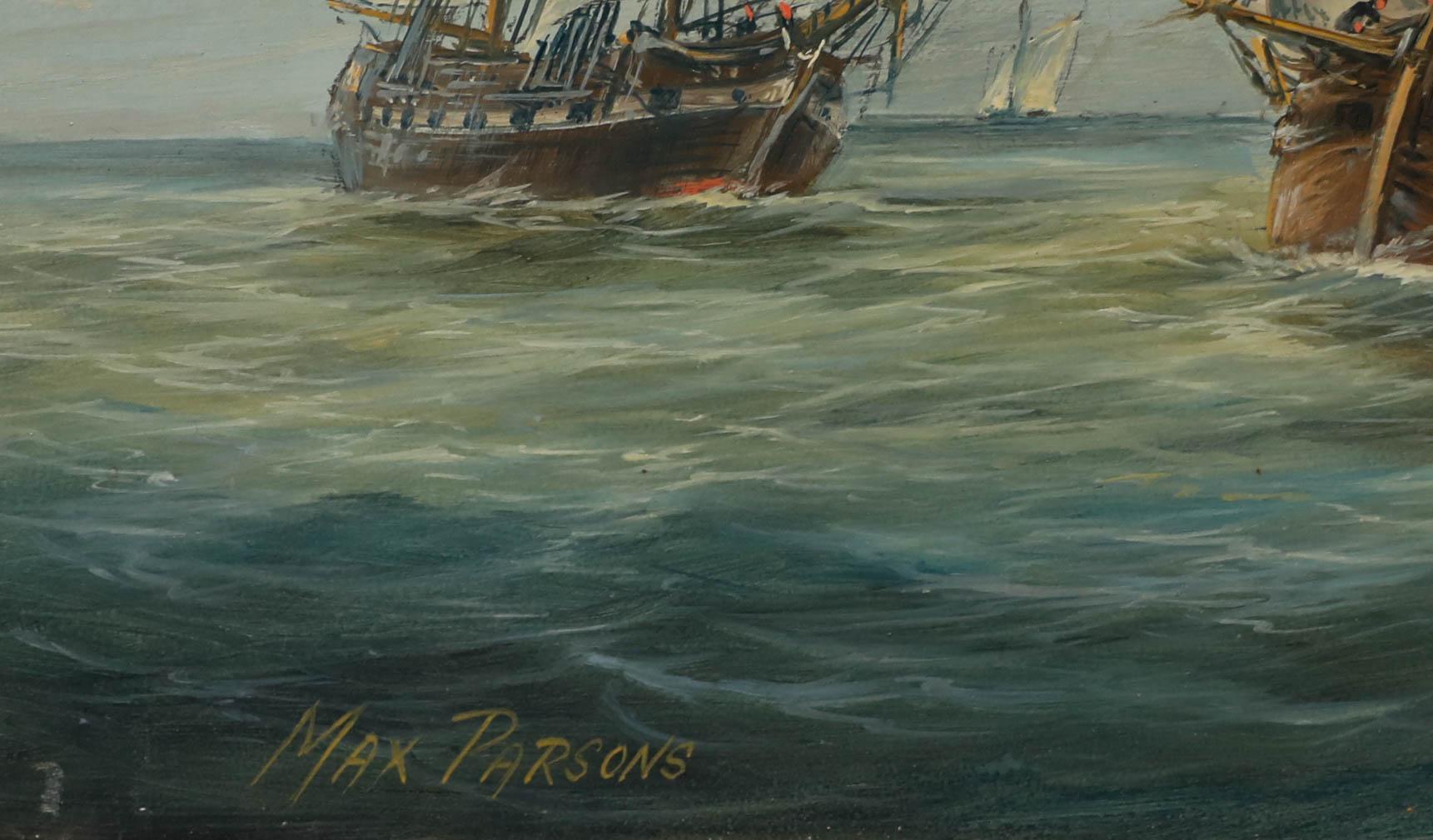 Dieses maritime Gemälde zeigt eine dynamische Szene mit Segelschiffen in einer weiten Meereslandschaft, in der mehrere Schiffe unterschiedlicher Größe detailreich dargestellt sind. Die Komposition wird durch die Platzierung der Schiffe auf der