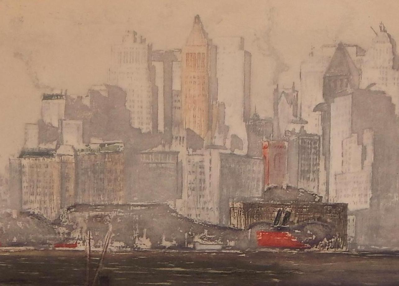 Originalfarbige Radierung „New York Battery“ von Max Pollak im Angebot 2