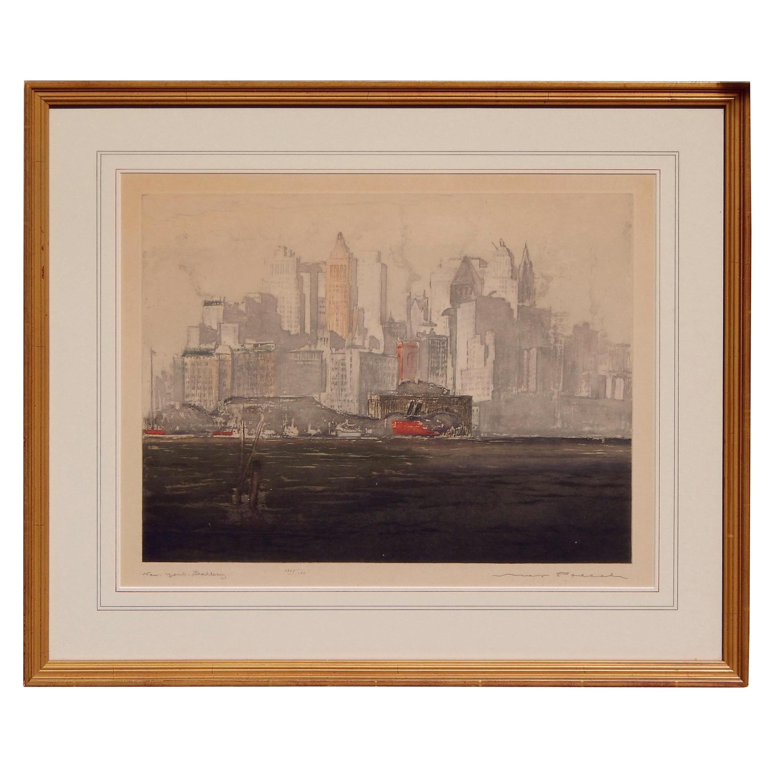 Große Farbradierung und Aquatinta von New York des tschechisch/kalifornischen Künstlers Max Pollak, (1886-1970)
Dieser Druck trägt den Titel "New York Battery" und wurde um 1927 gedruckt.
Das Bild misst: 12 3/8" H x 16 1/8" W. Frame Maßnahmen: 20