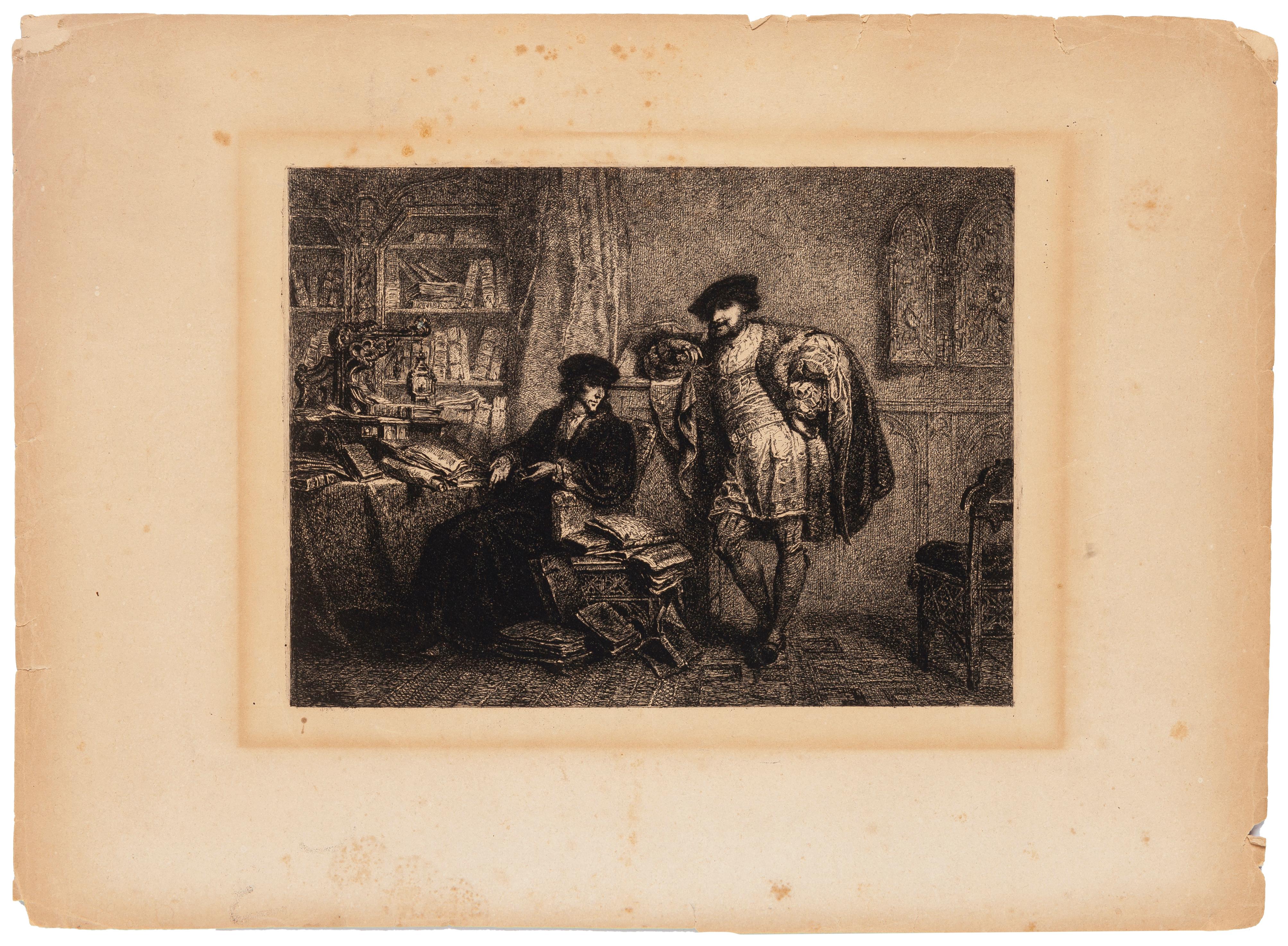 Men in Room - Original Etching - Early 19th Century - Print by Unknown