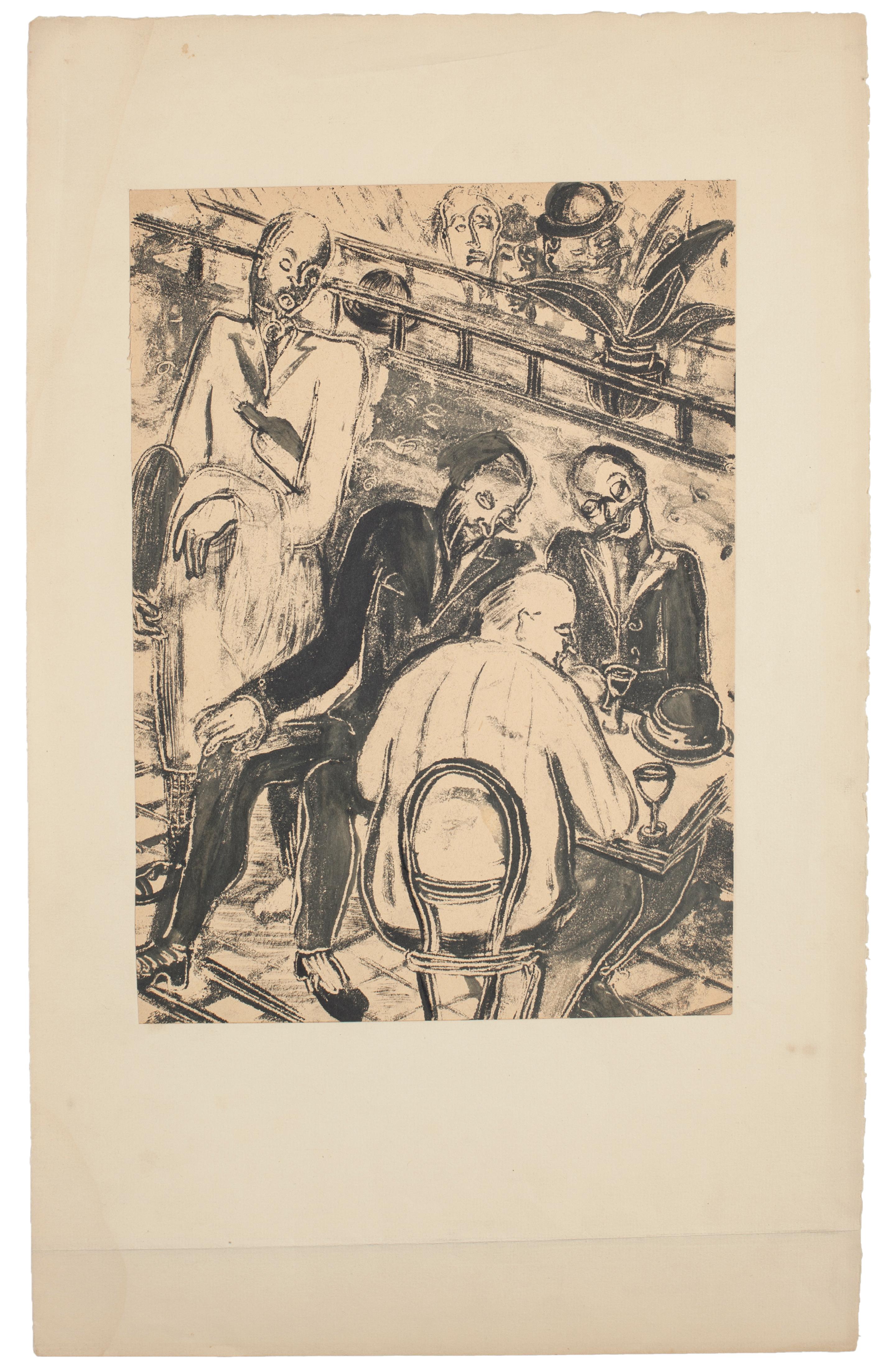 Herren – Paar Original-Monotypie-Holzschnitte – Mitte 1900 (Beige), Figurative Print, von Unknown