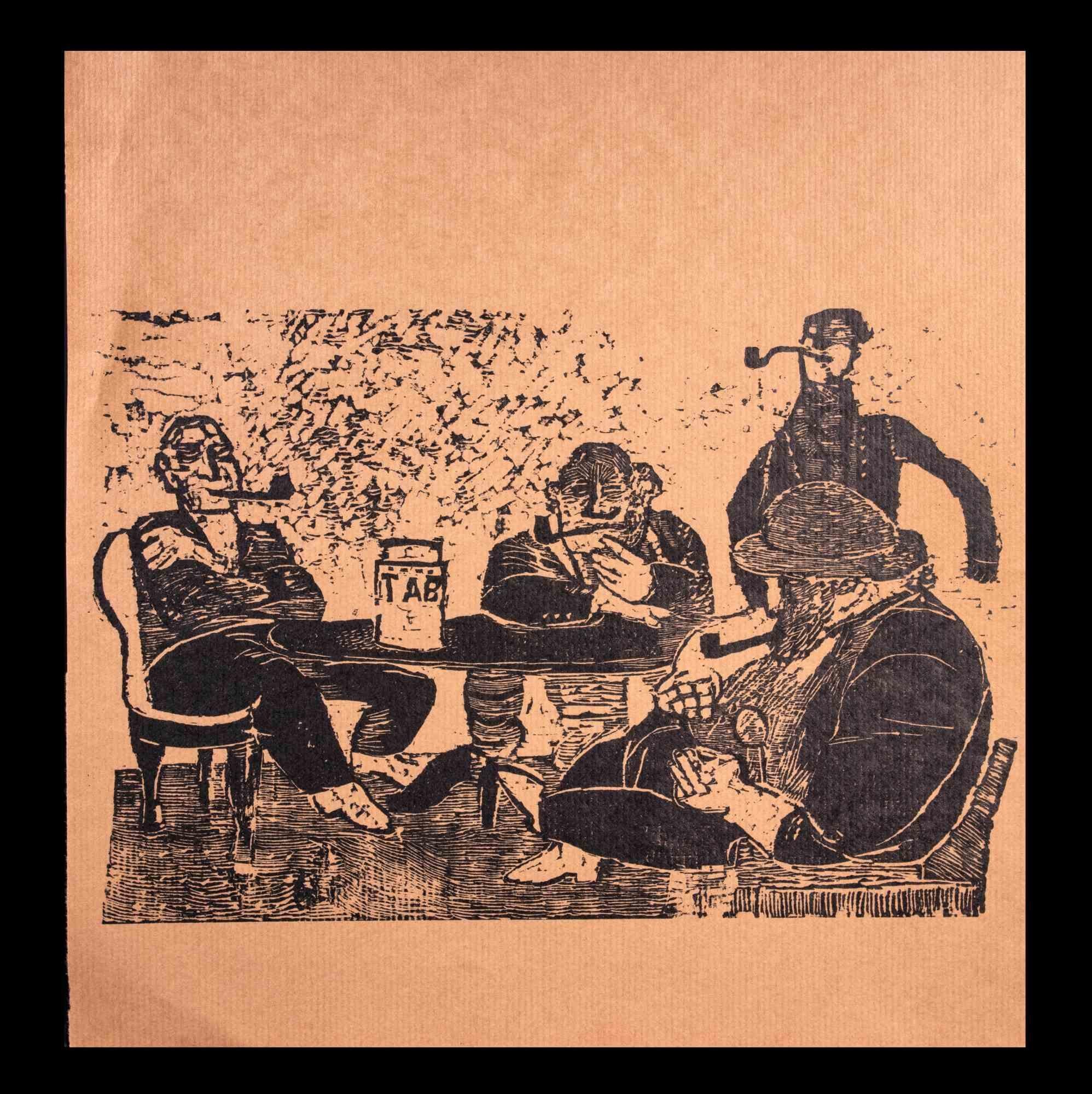 Men Who Smoke the Pipe - Original Woodcut print  - Early 20th century