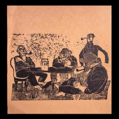 Antique Men Who Smoke the Pipe - Original Woodcut print  - Early 20th century