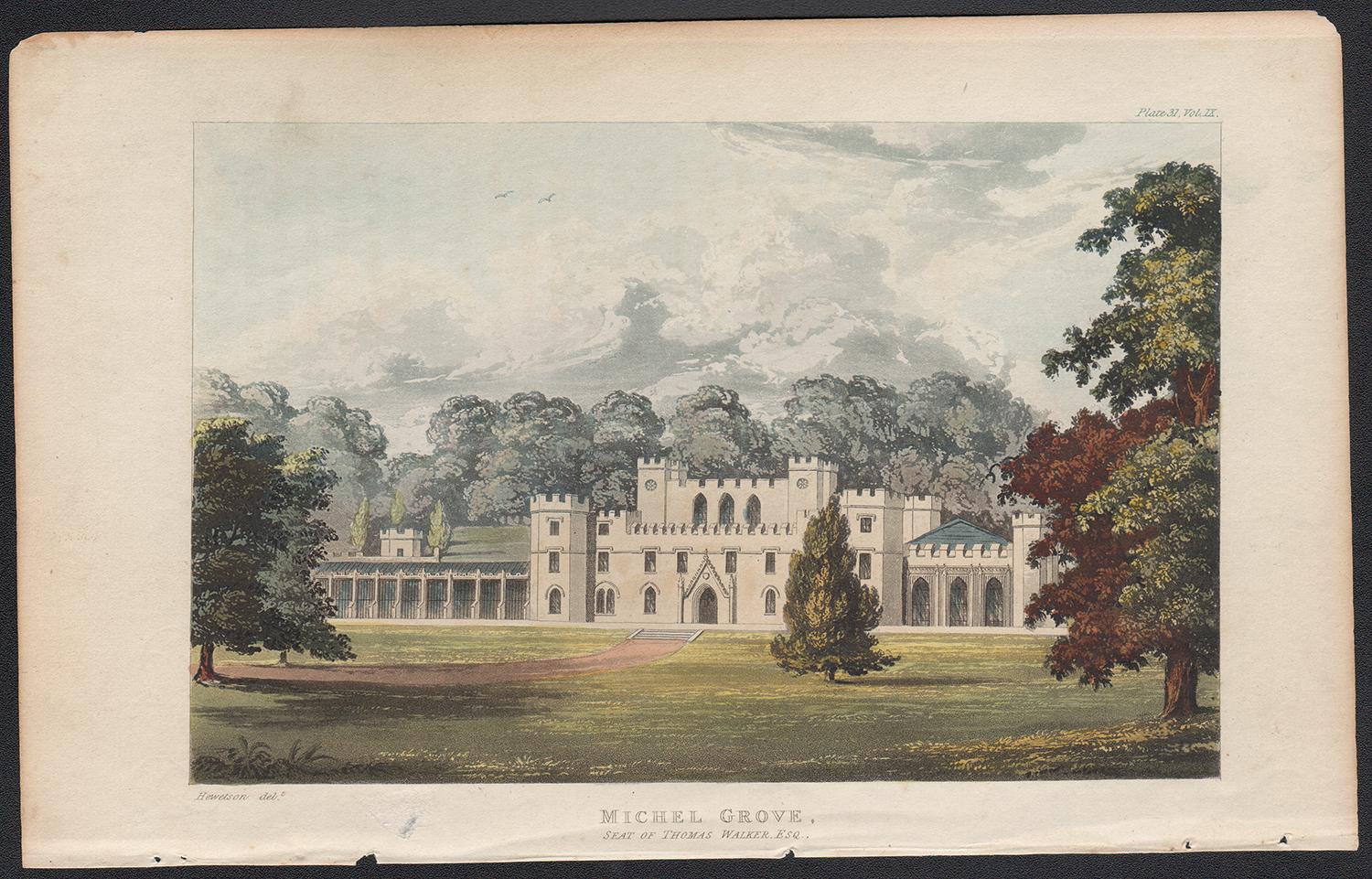 Michel Grove, Sussex English Regency country house colour aquatint, 1818 - Print by Unknown