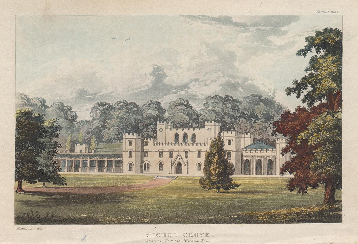Michel Grove, Sussex, englische Regency-Landschaftshausfarbe in Aquatinta, 1818