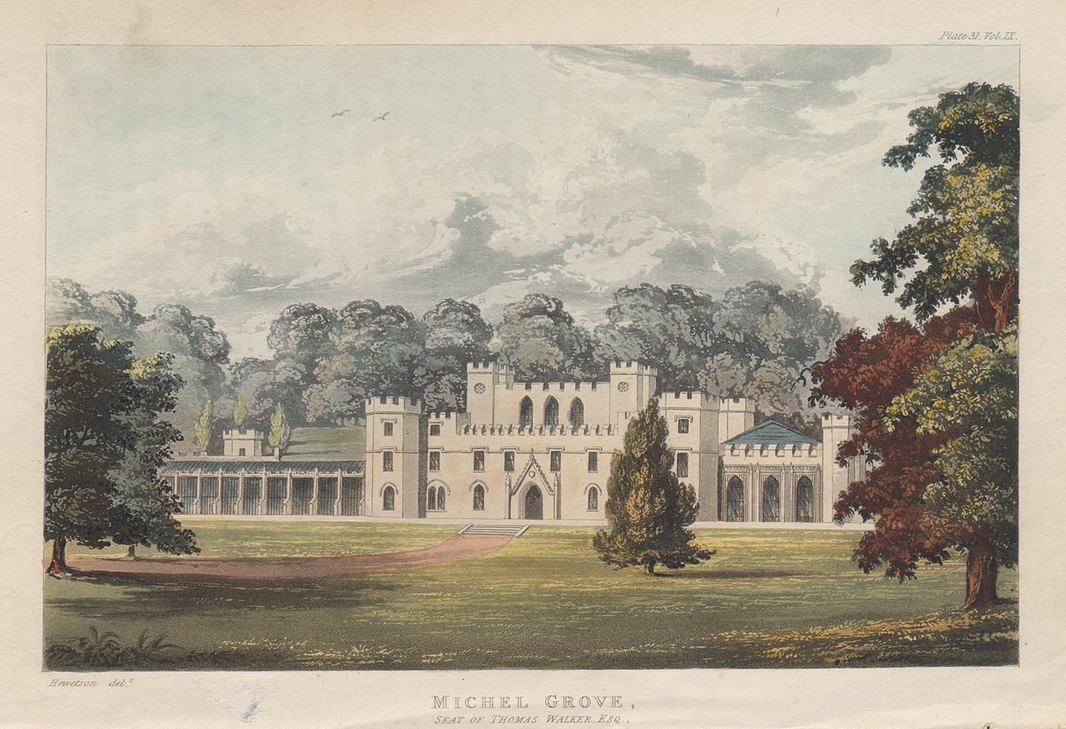 Michel Grove, Sussex Casa di campagna inglese della Reggenza acquatinta a colori, 1818