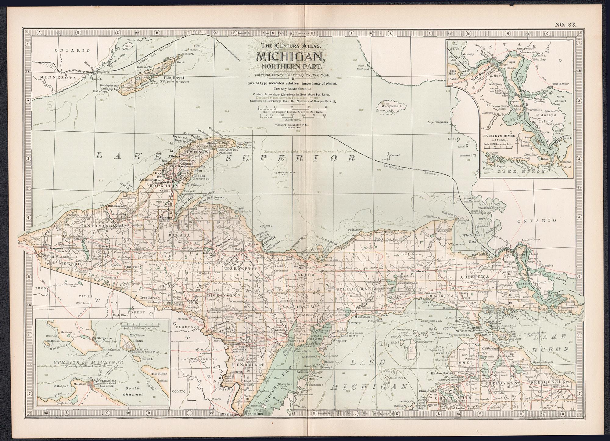 Michigan, nördlich von Michigan. USA. Atlas-Statue antike Landkarte aus dem Jahrhundert – Print von Unknown