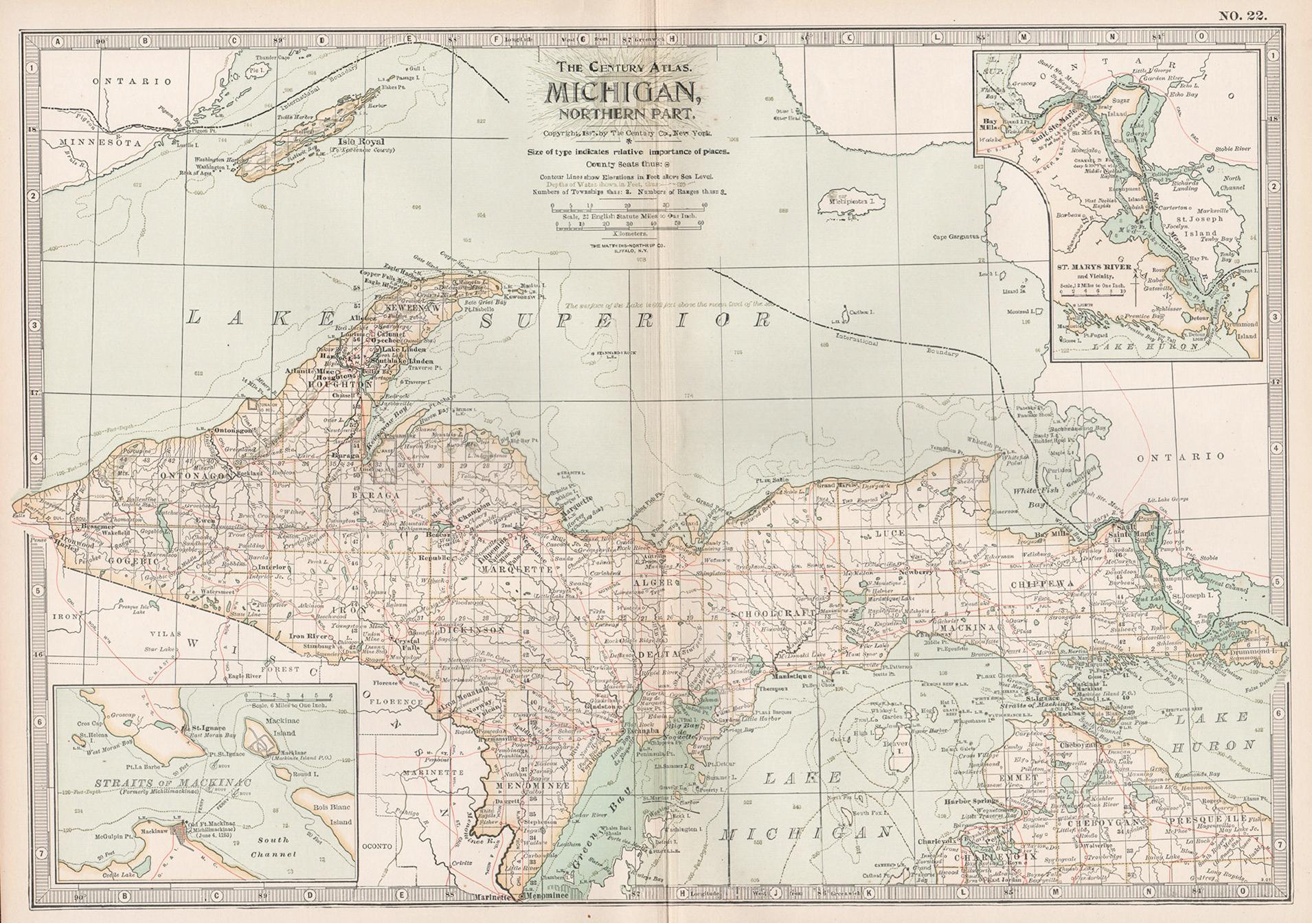 Unknown Print - Michigan, Northern Part. USA. Century Atlas state antique vintage map
