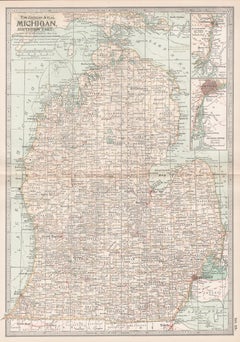 Michigan, partie du sud. USA. Carte vintage ancienne de l'État d'Atlas du XXe siècle