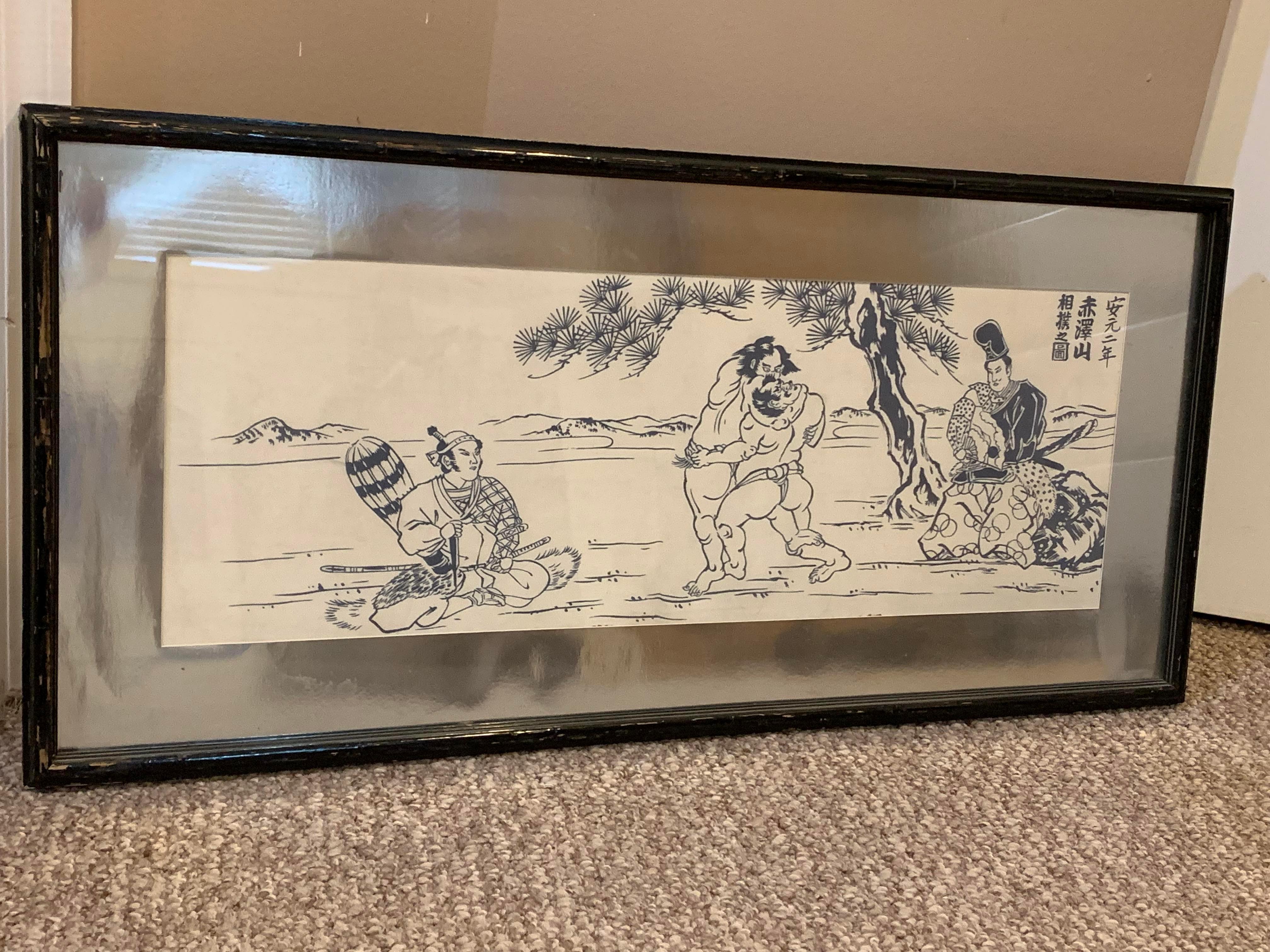 Mid-Century Asian Hand Painted Linen in Silver Frame  For Sale 5