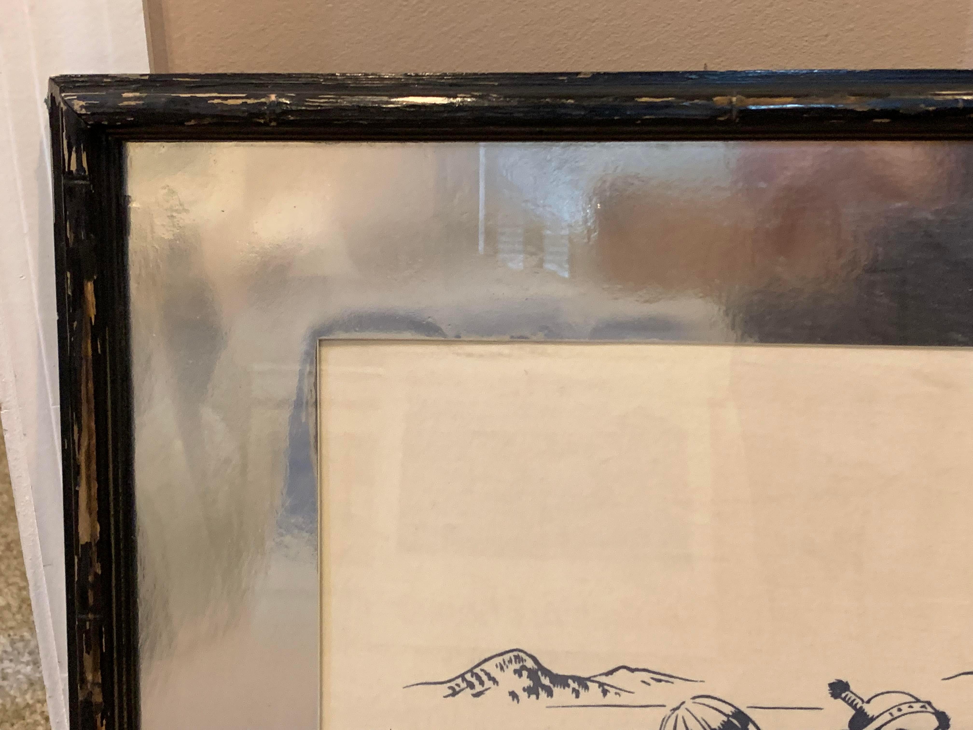 Mid-Century Asian Hand Painted Linen in Silver Frame  For Sale 6