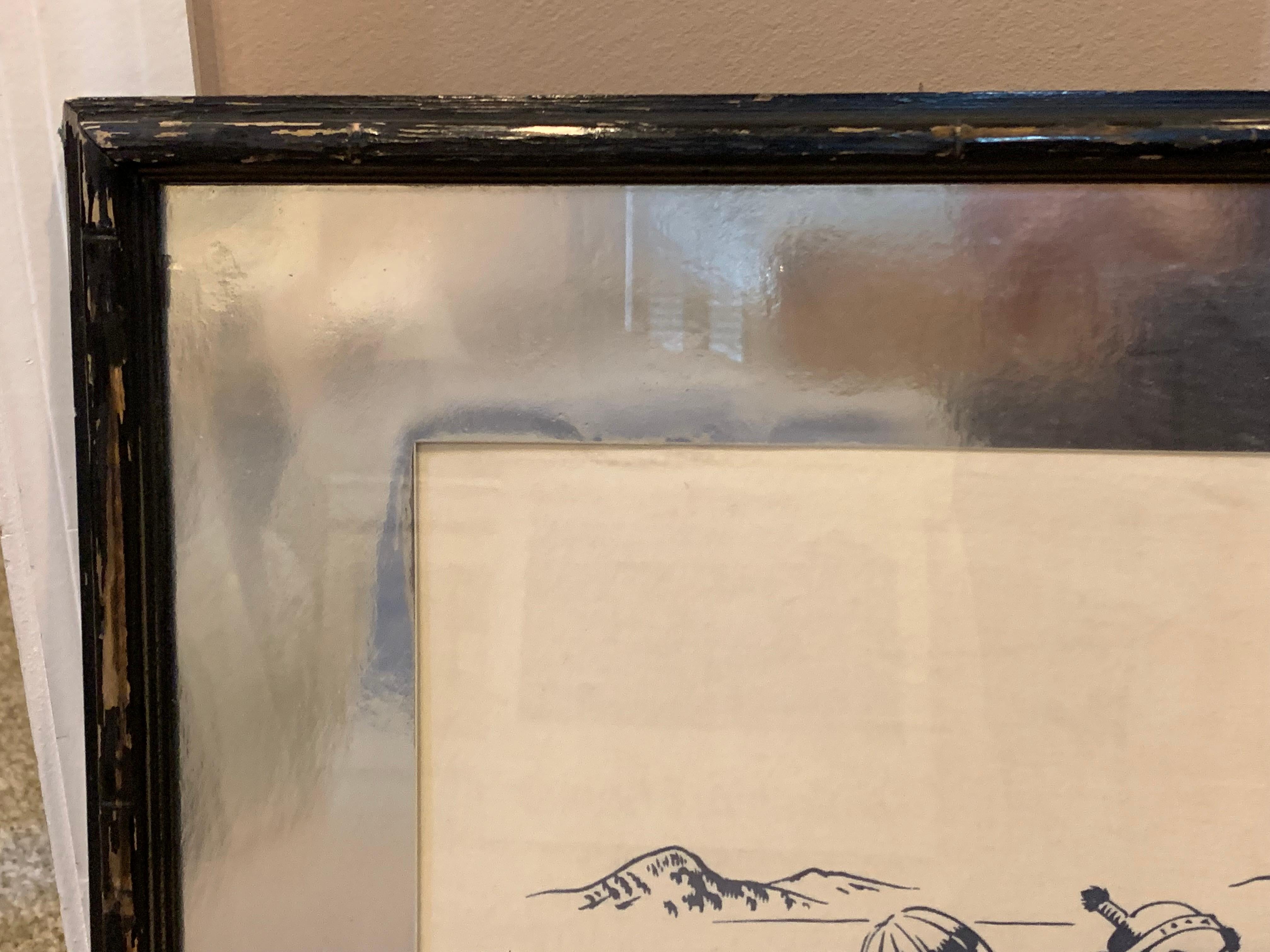 Mid-Century Asian Hand Painted Linen in Silver Frame  For Sale 1