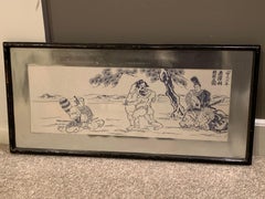 Mid-Century Asian Hand Painted Linen in Silver Frame 