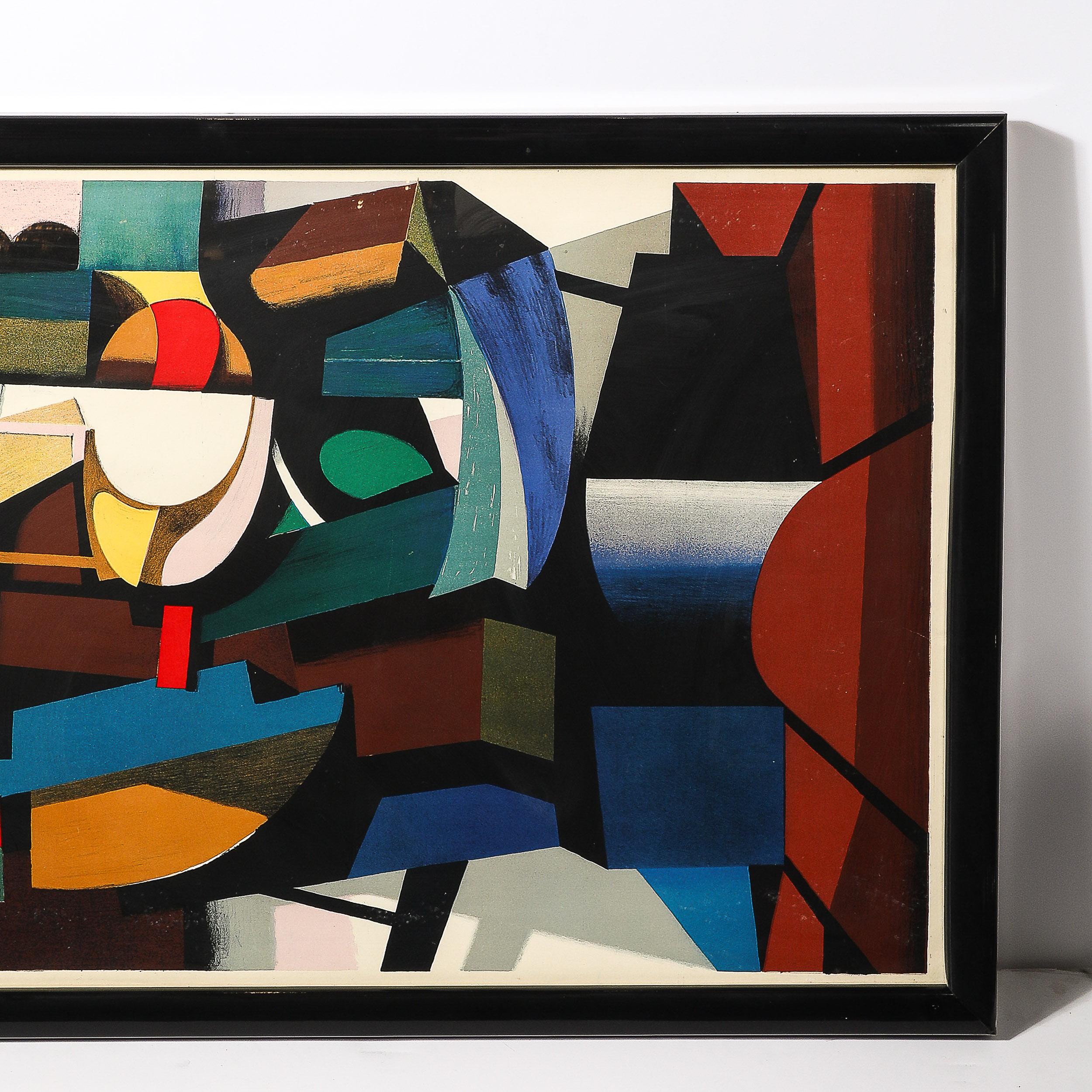 This striking Mid-Century Modernist lithograph poster, designed for the Danish newspaper Politiken, is a masterful example of Scandinavian graphic design from the 1960s. Signed by the renowned Danish artist Ib Andersen, the poster encapsulates the