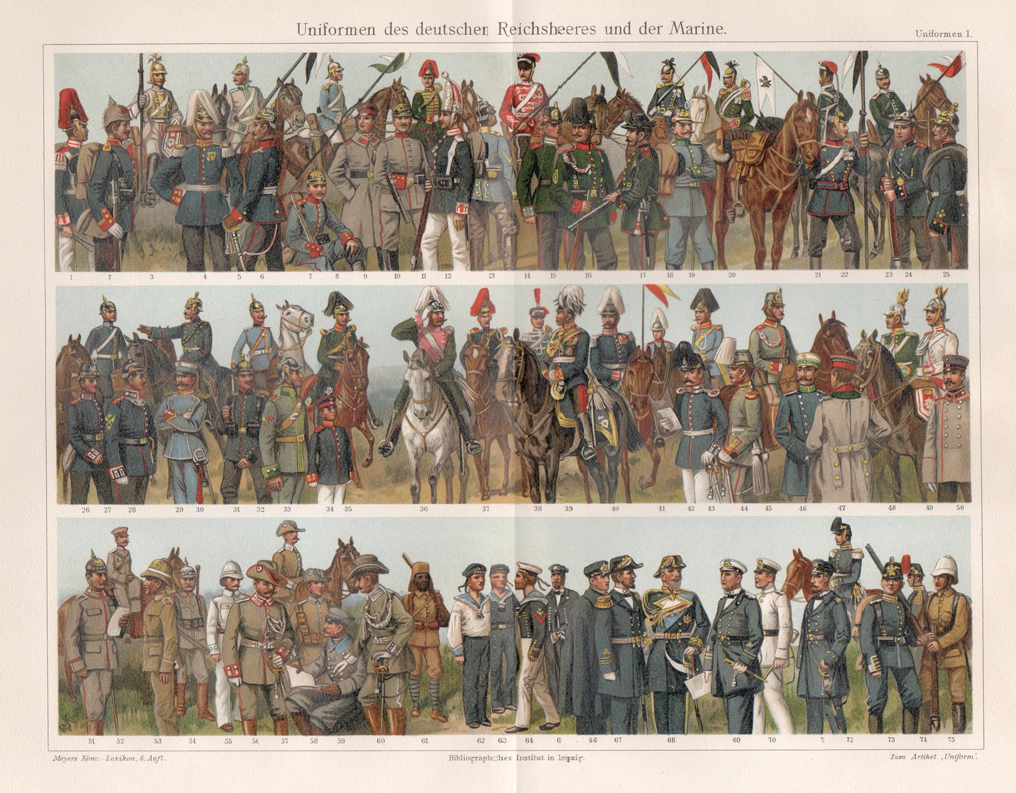 Military Uniforms, German antique army soldier chromolithograph print.