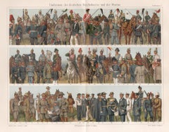 Military Uniforms, German antique army soldier chromolithograph print.