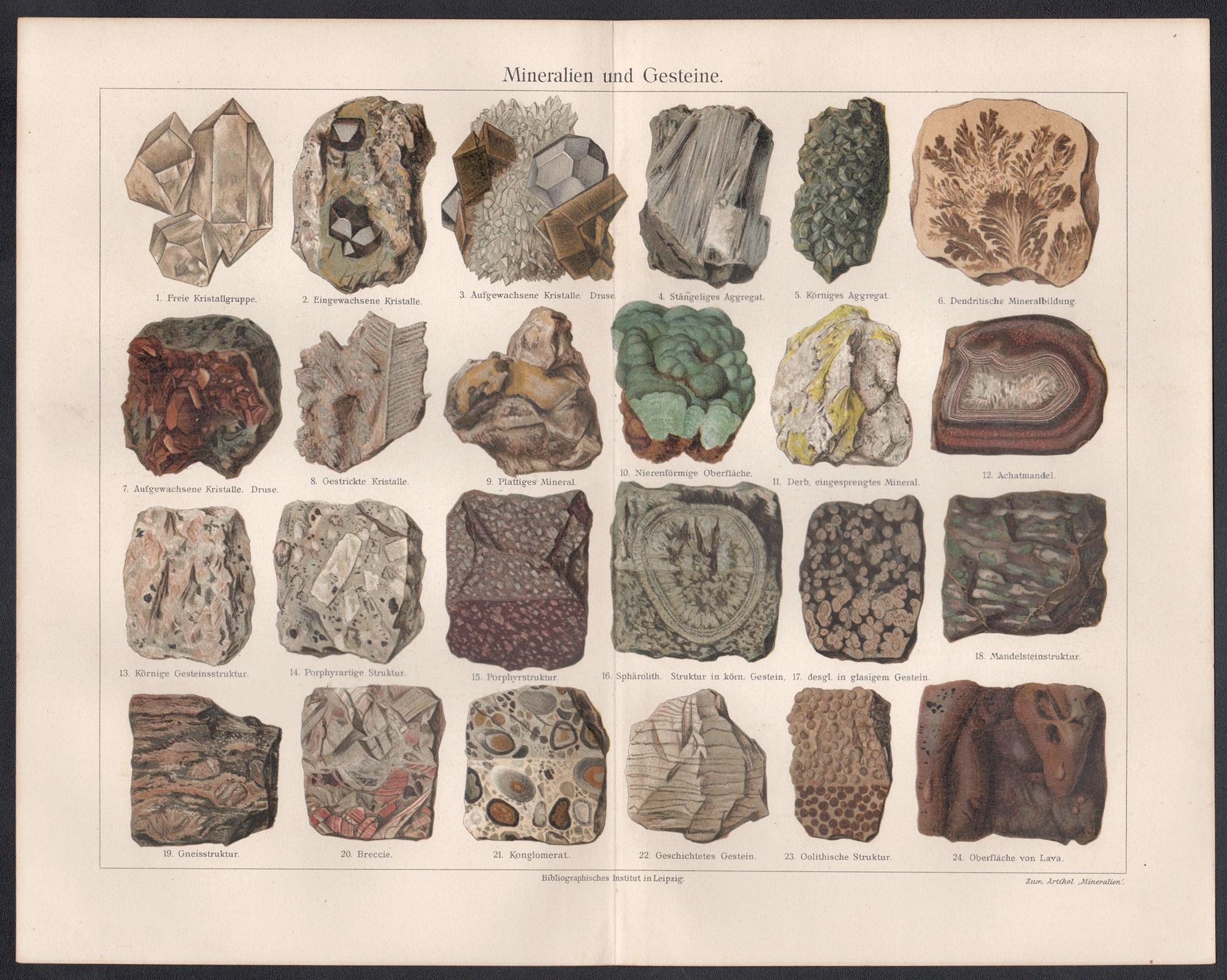 Mineralien und Gesteine (Bergsteine und Felsen), deutscher antiker Geologiedruck – Print von Unknown