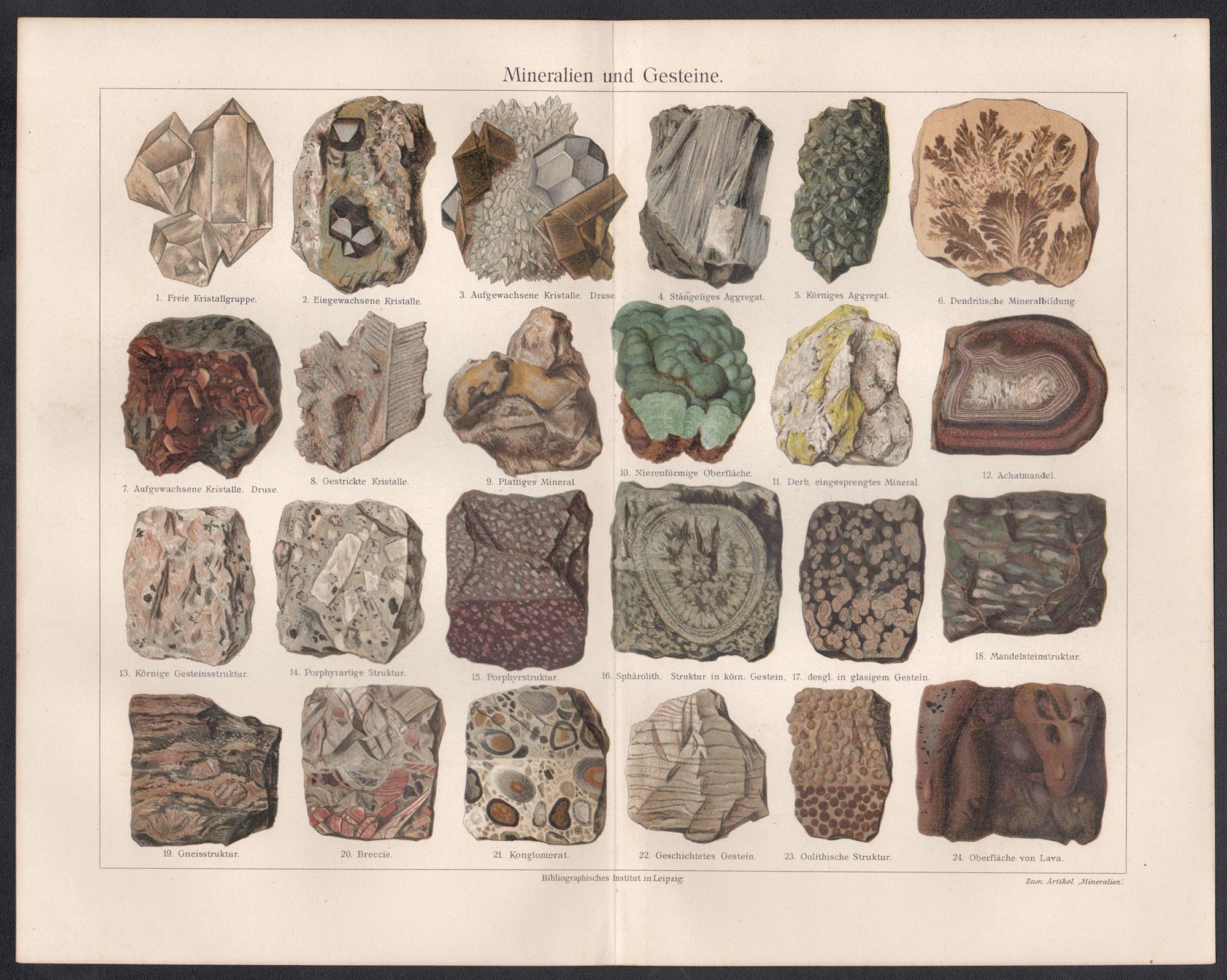 Mineralien und Gesteine (Minerales y rocas), grabado geológico antiguo alemán - Print de Unknown