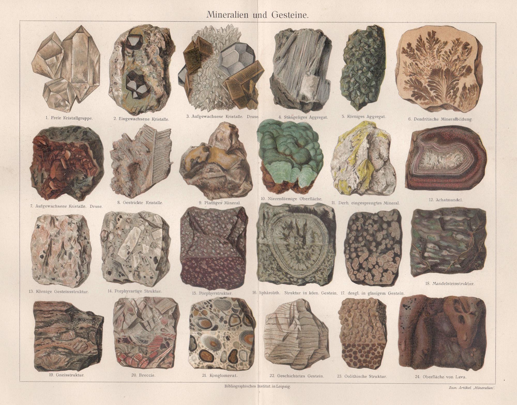 Unknown Still-Life Print – Mineralien und Gesteine (Bergsteine und Felsen), deutscher antiker Geologiedruck