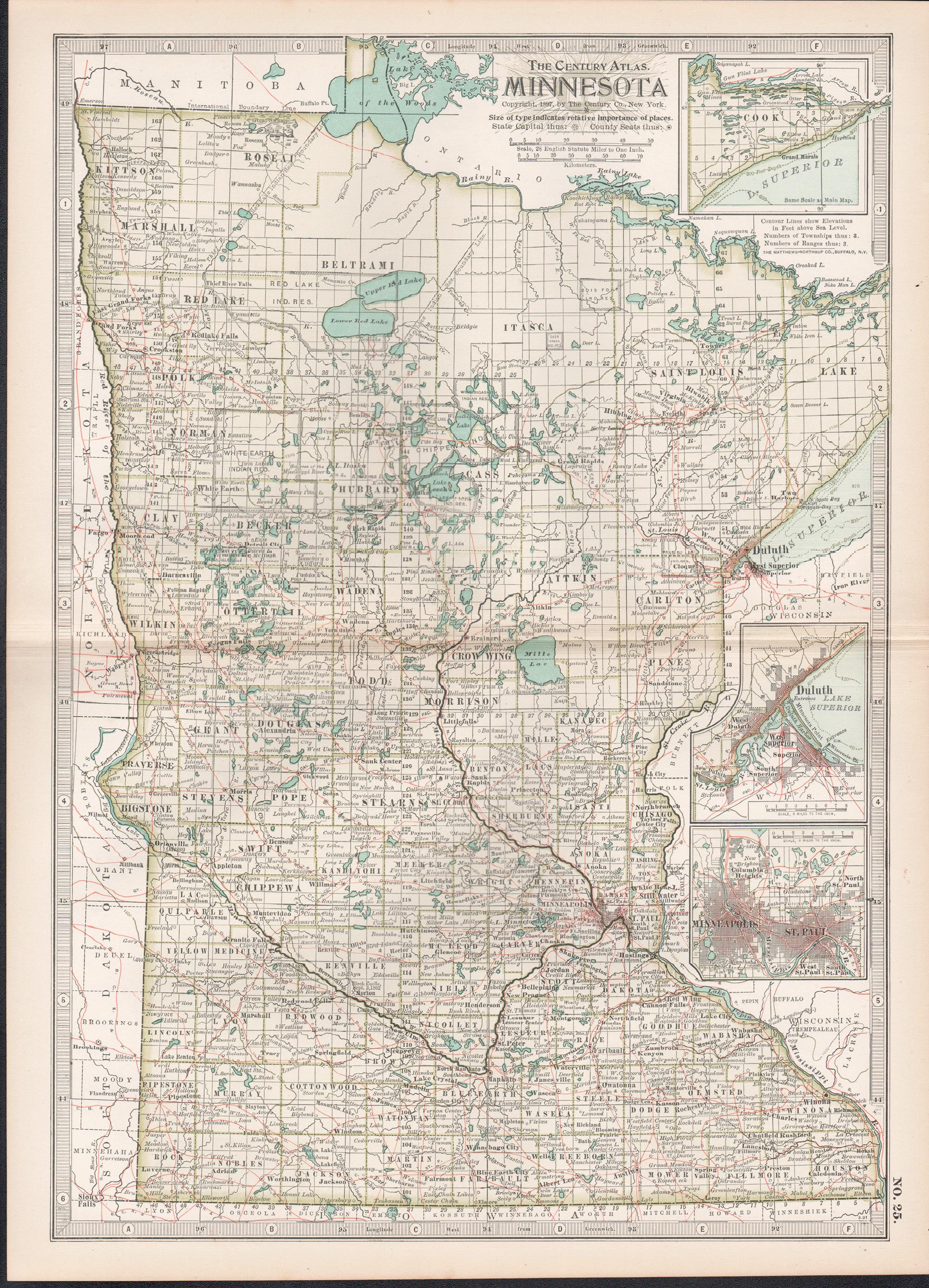 Minnesota. USA. Century Atlas state antique vintage map - Print by Unknown