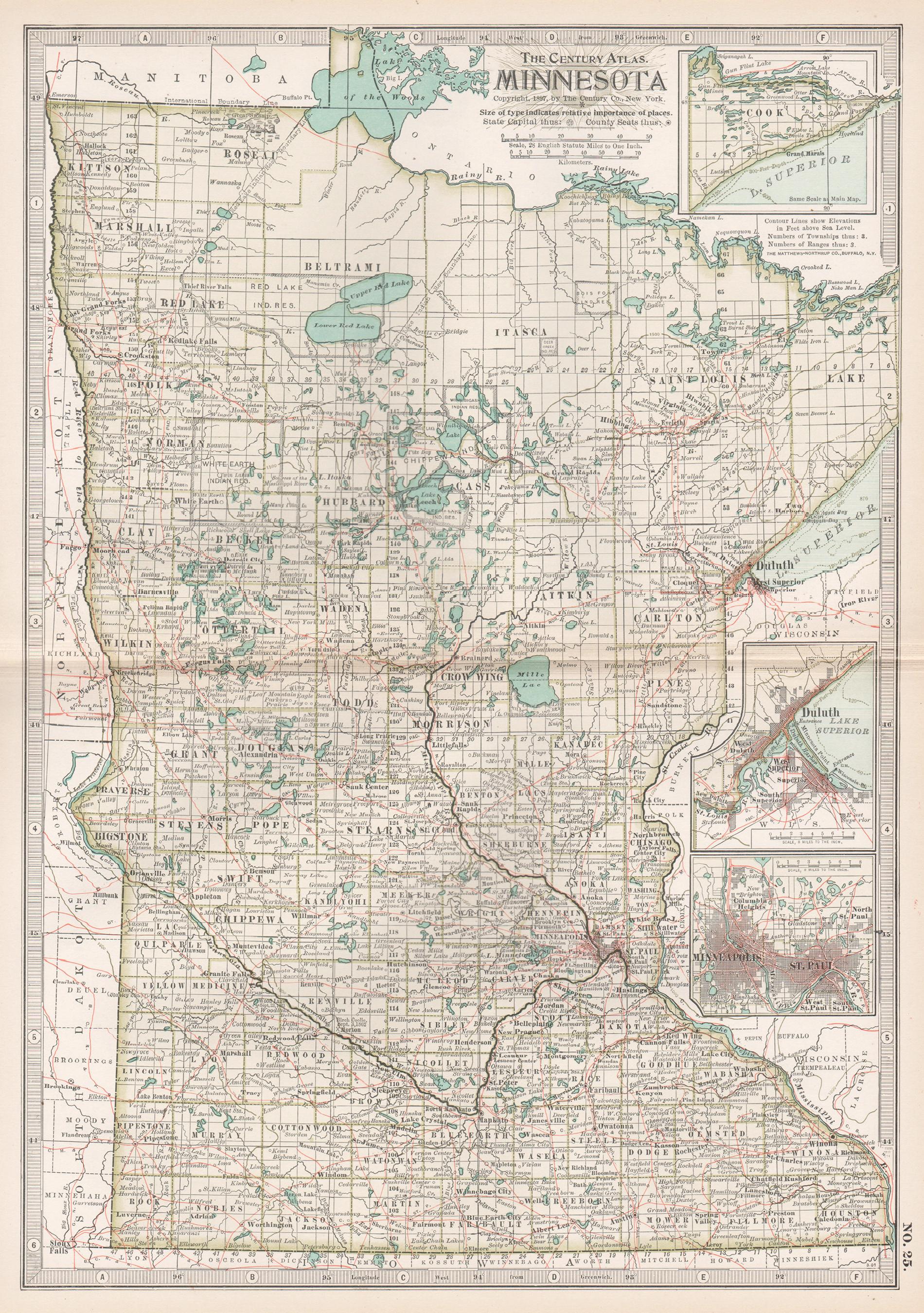 Minnesota. USA. Century Atlas state antique vintage map