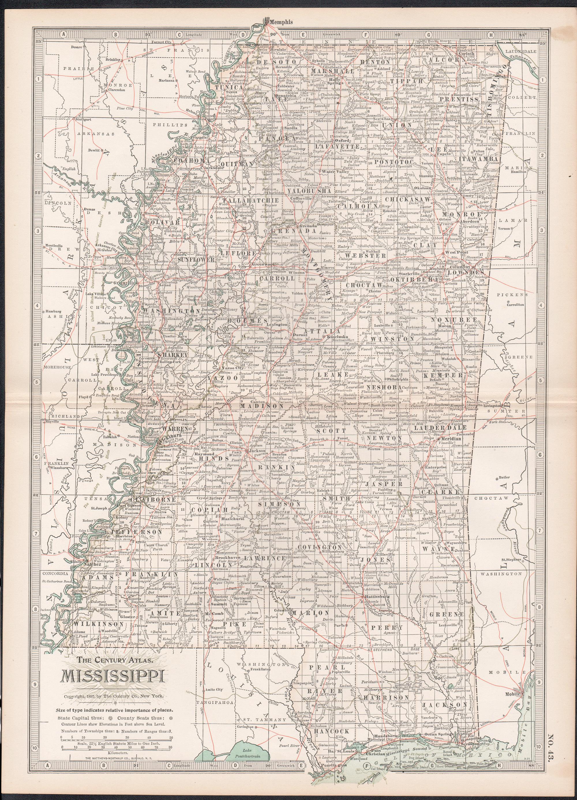 Mississippi. USA Century Atlas state antique vintage map - Print by Unknown