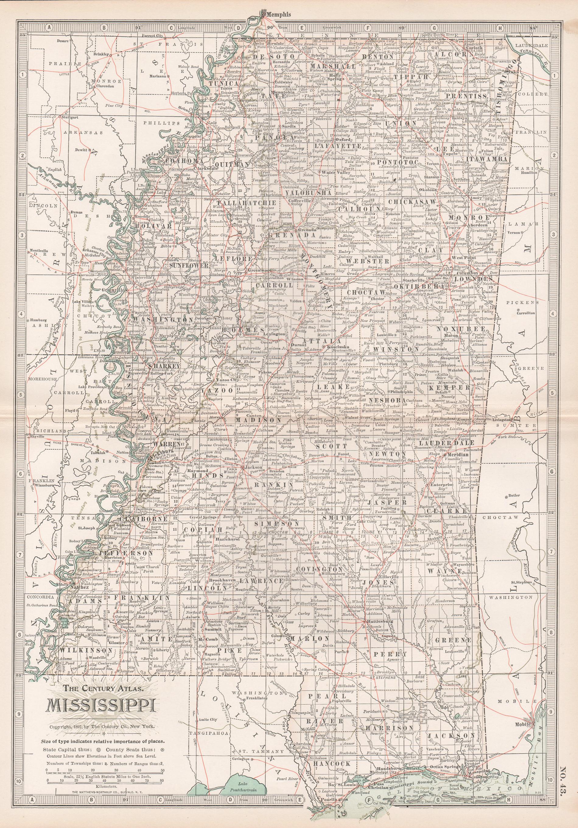 Unknown Print - Mississippi. USA Century Atlas state antique vintage map
