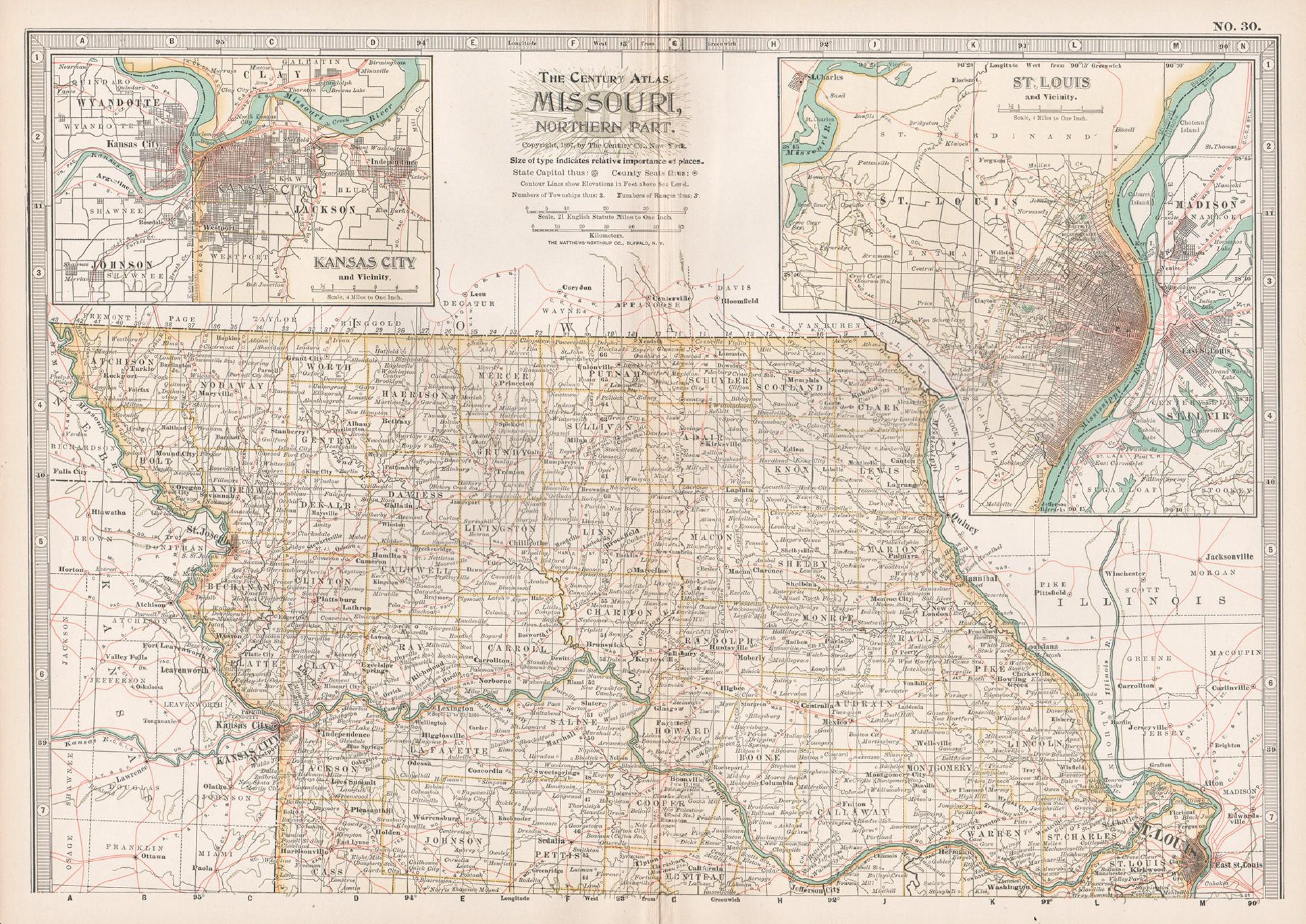 Missouri. Partie nord. USA. Carte vintage ancienne de l'État d'Atlas du XXe siècle