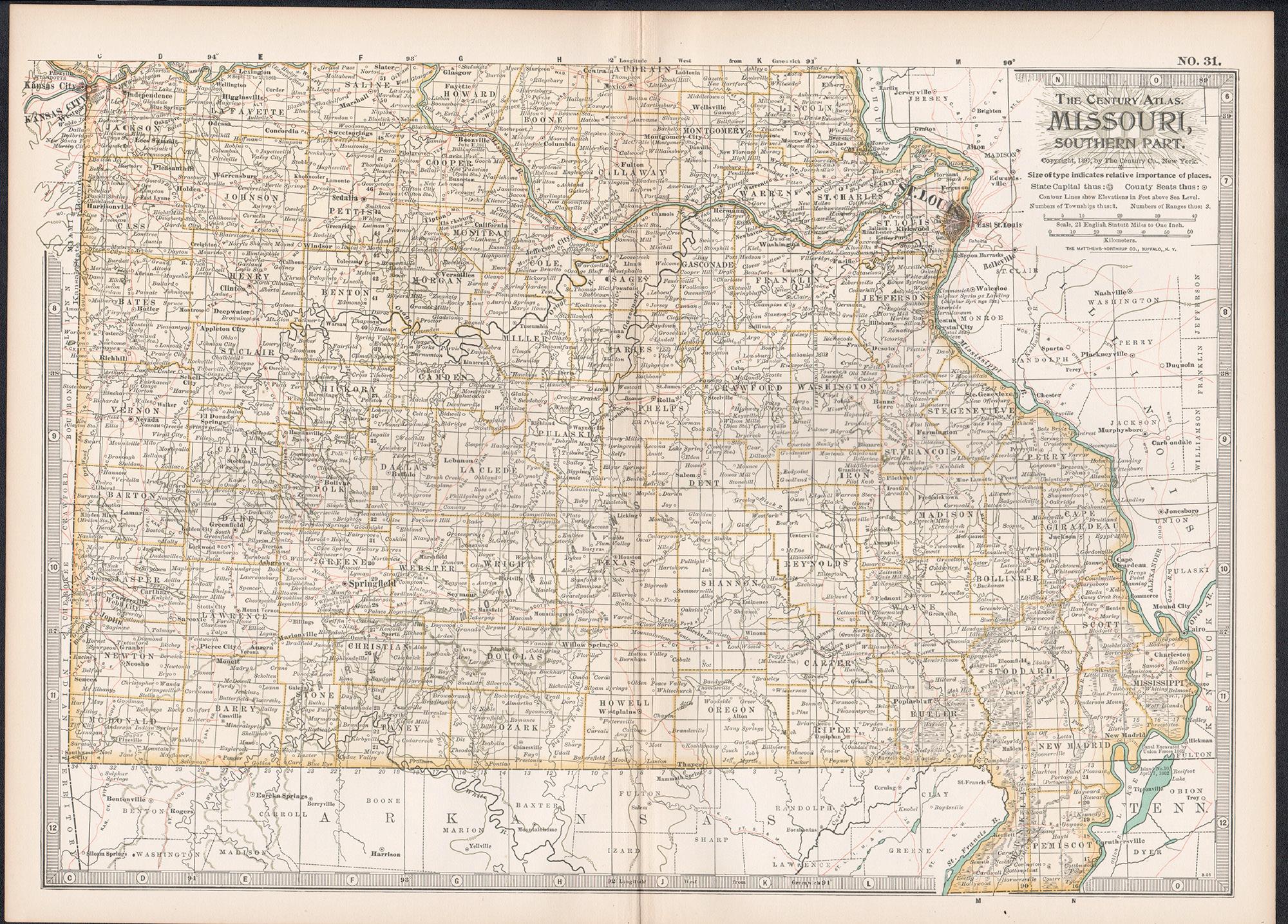 Missouri. Southern Part. USA. Century Atlas state antique vintage map - Print by Unknown