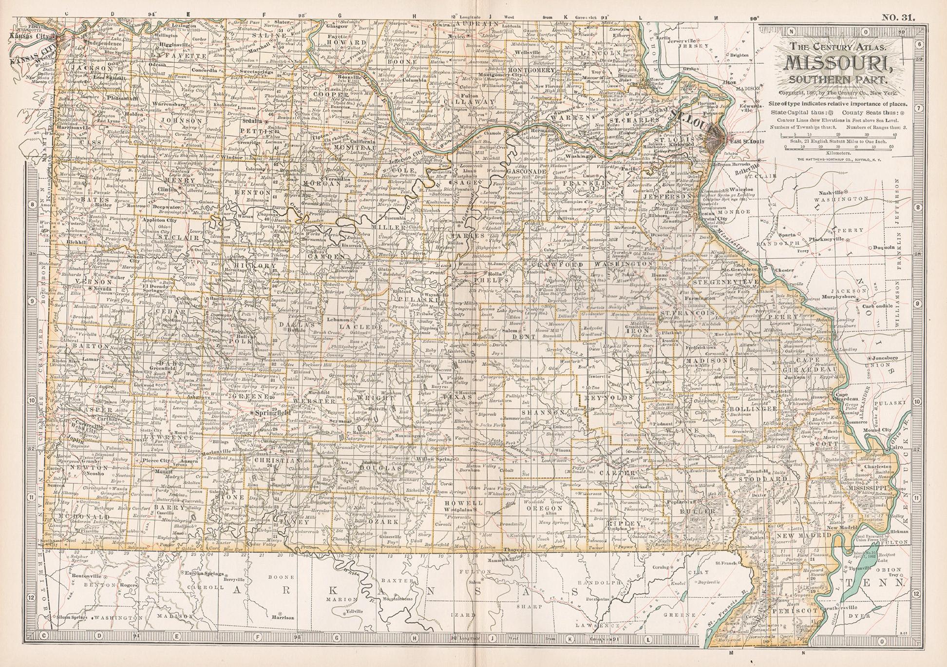 Missouri. Partie sud. USA. Carte vintage ancienne de l'État d'Atlas du XXe siècle