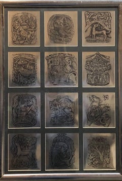 Lámina israelí de los años 70 con motivos judaicos: las 12 tribus de Israel, los signos del zodiaco y el hebreo