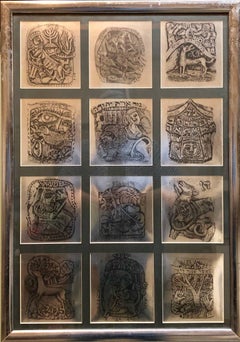 Lámina israelí de los años 70 con motivos judaicos: las 12 tribus de Israel, los signos del zodiaco y el hebreo