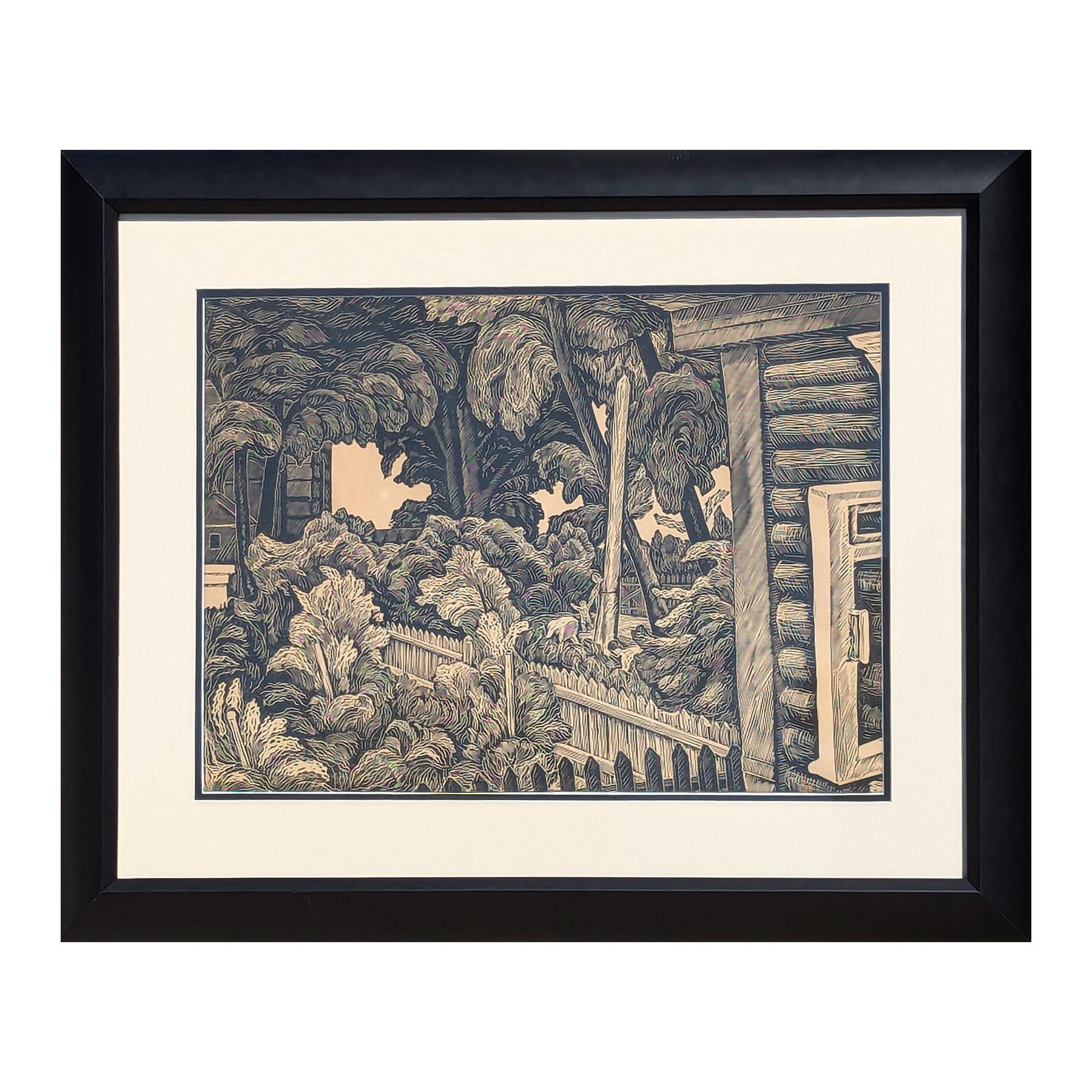 Moderner abstrakter schwarz-weißer abstrakter tropischer Dorflandschaftsdruck mit Holzschnitt – Print von Unknown