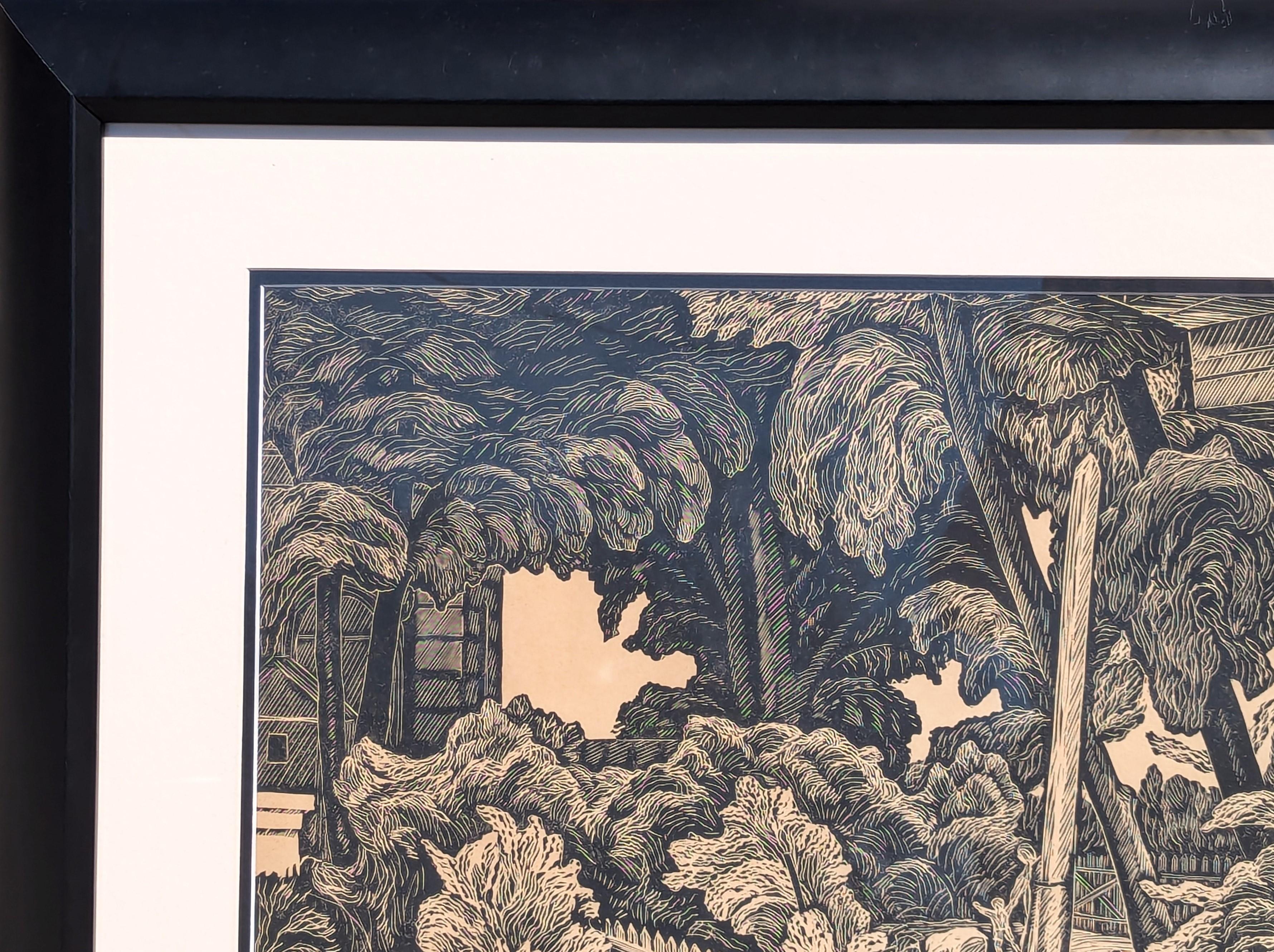 Moderner abstrakter schwarz-weißer abstrakter tropischer Dorflandschaftsdruck mit Holzschnitt (Abstrakt), Print, von Unknown