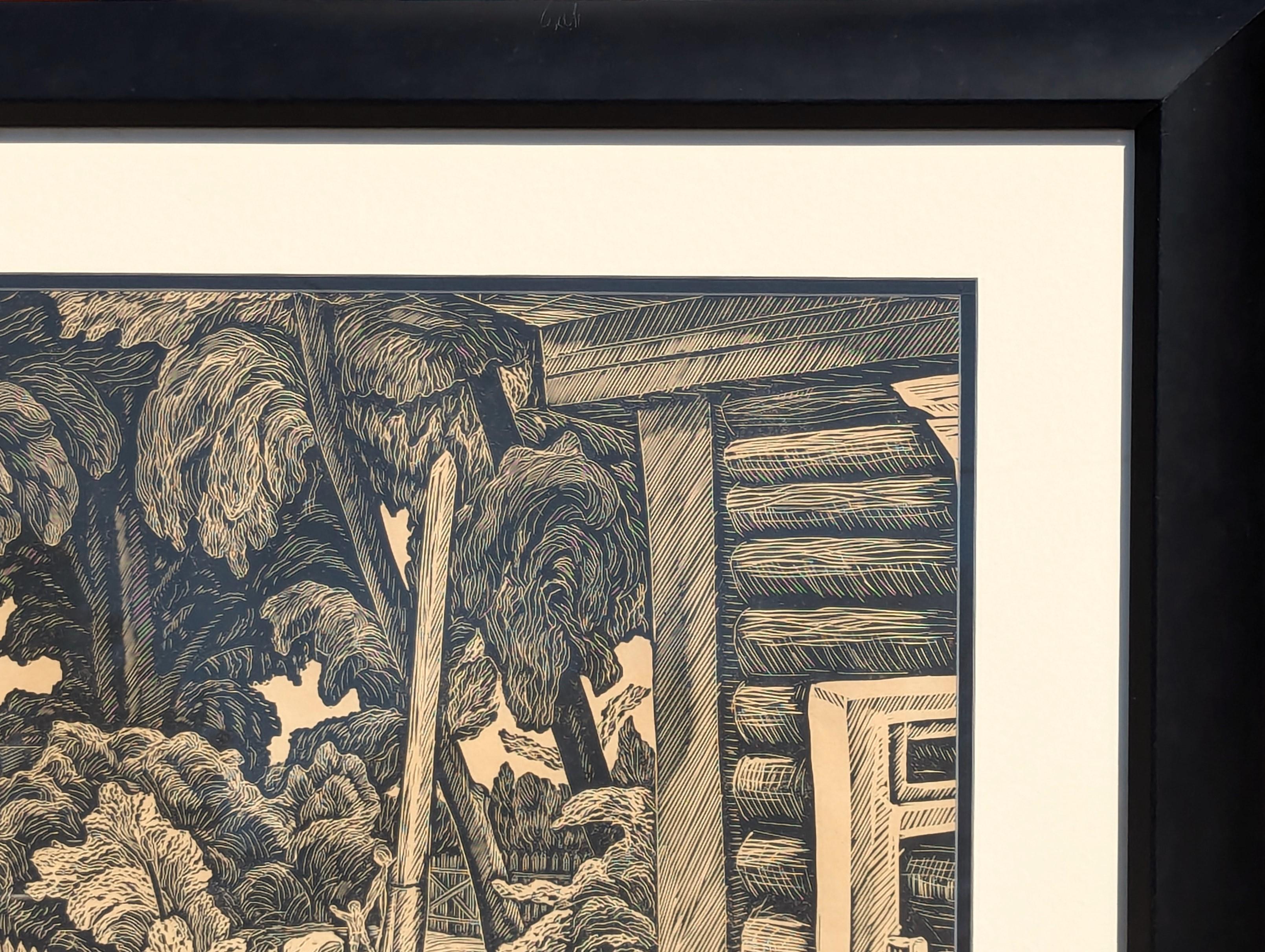 Moderner abstrakter schwarz-weißer abstrakter tropischer Dorflandschaftsdruck mit Holzschnitt (Schwarz), Figurative Print, von Unknown