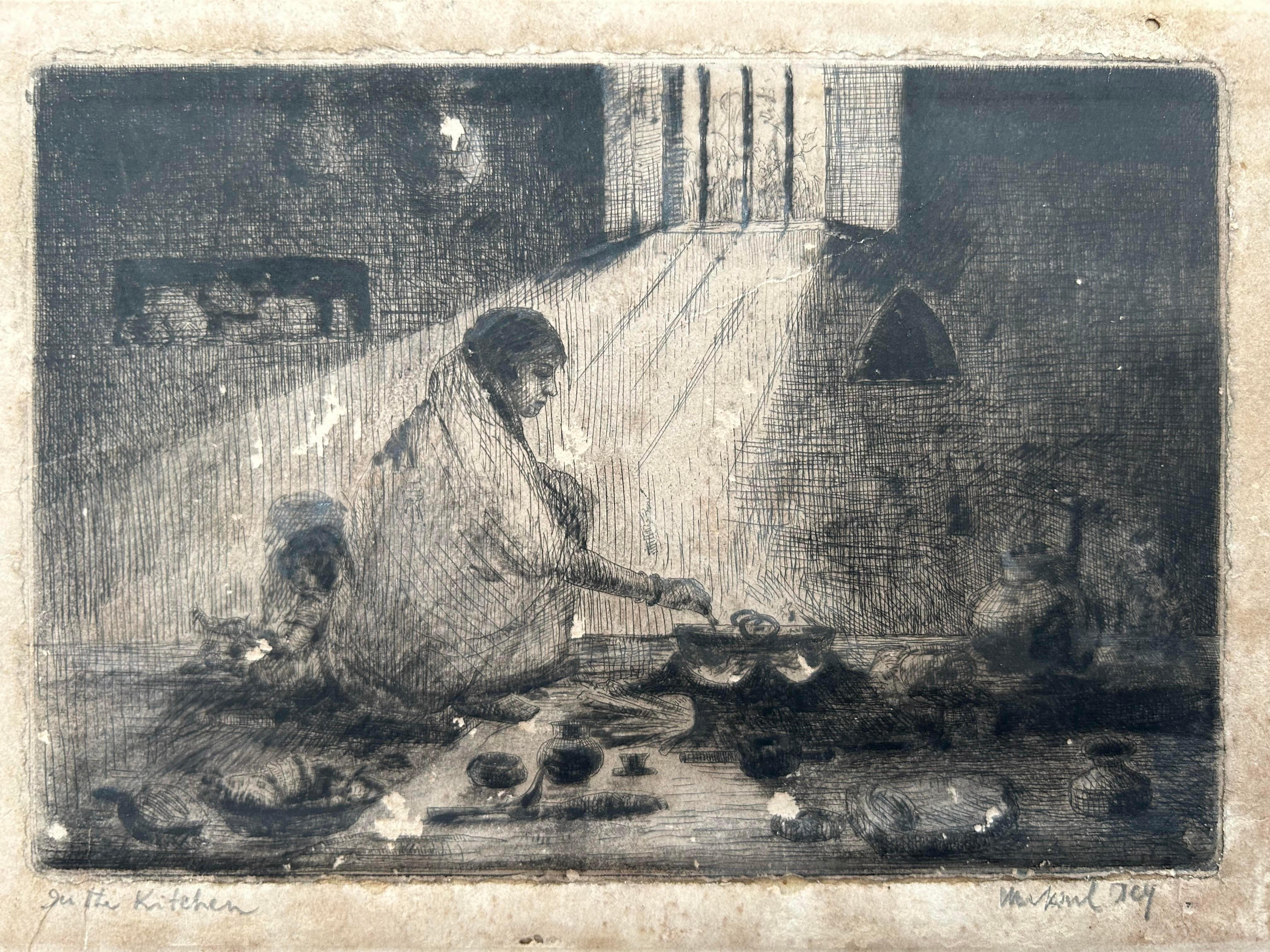 Modern Indian Art Mukul Dey Etching Signed and Titled 'In the Kitchen 'Rare  - Print by Unknown