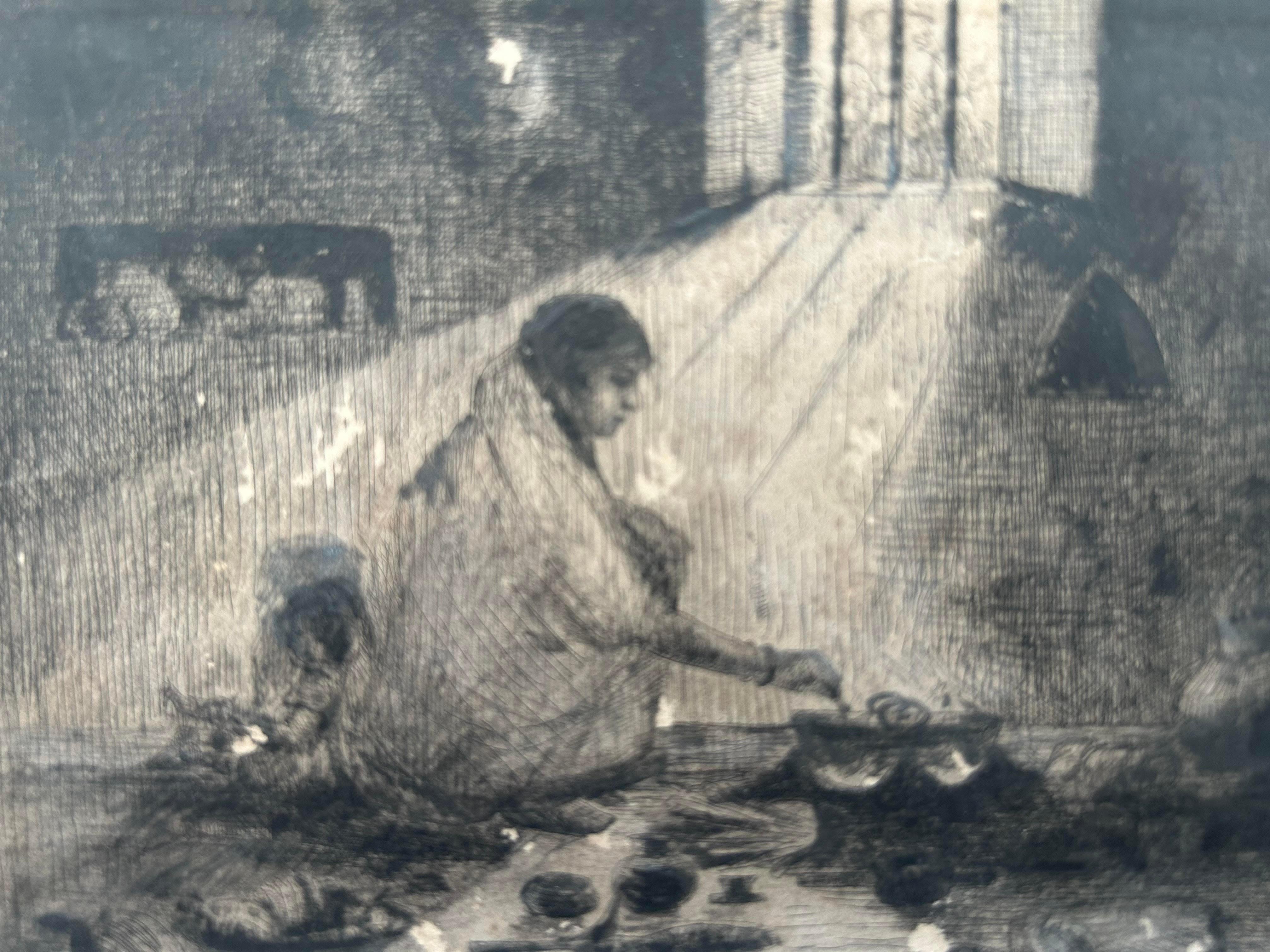 Modern Indian Art Mukul Dey Etching Signed and Titled 'In the Kitchen 'Rare  - Other Art Style Print by Unknown