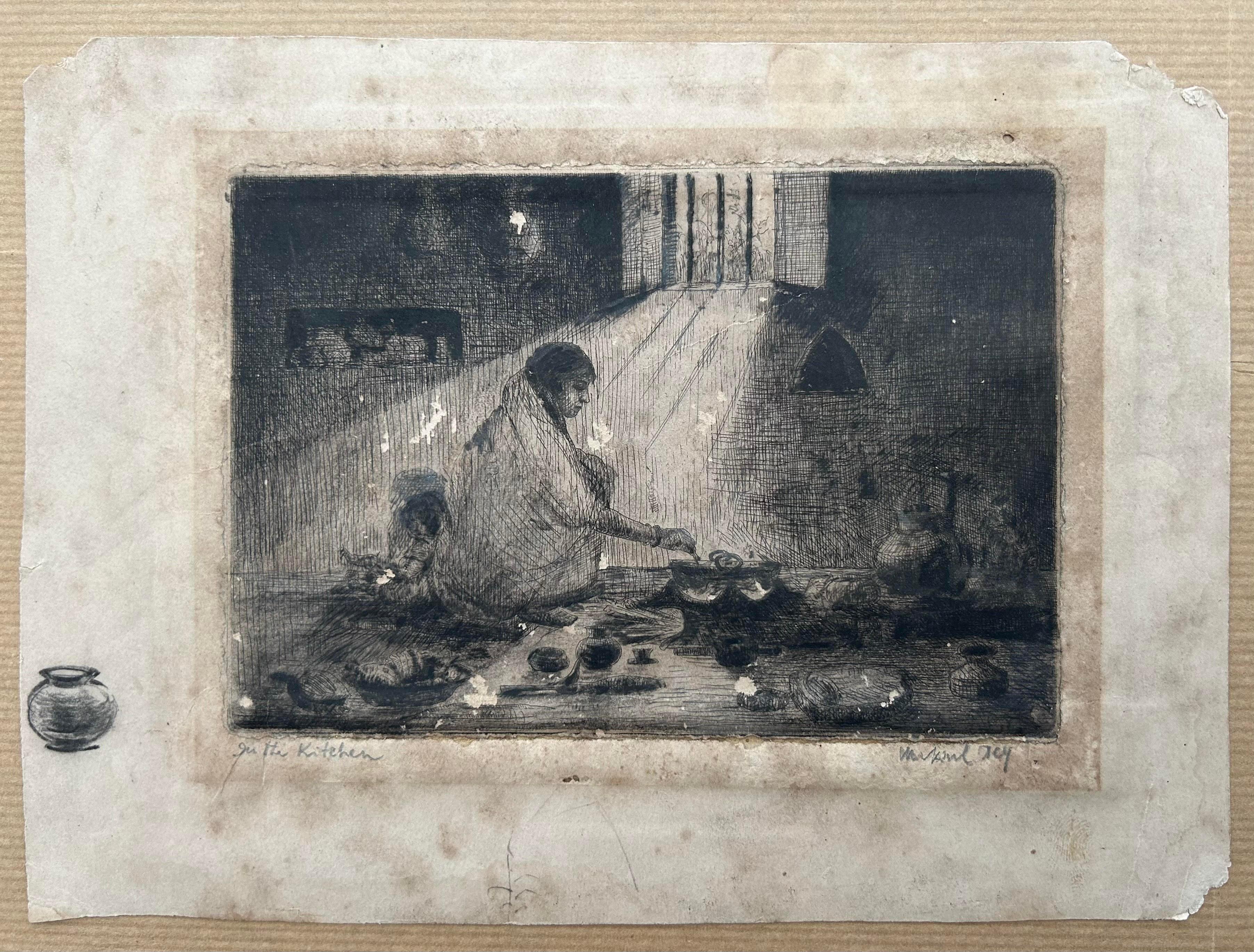 Unknown Landscape Print - Modern Indian Art Mukul Dey Etching Signed and Titled 'In the Kitchen 'Rare 