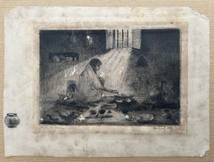 Modern Indian Art Mukul Dey Etching Signed and Titled 'In the Kitchen 'Rare 